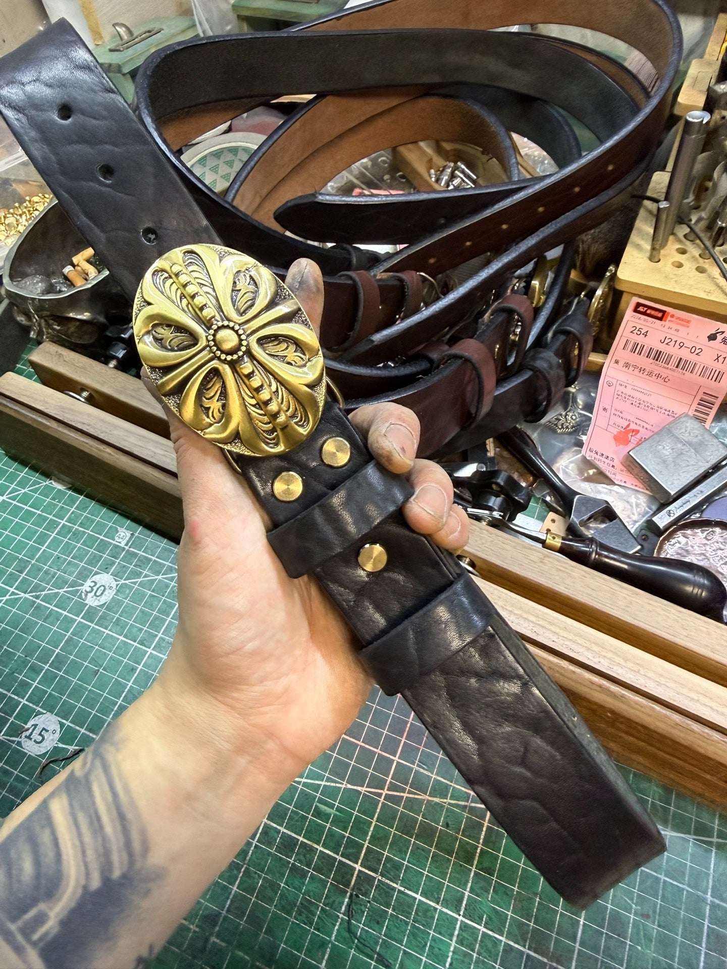 6 mm thick black bison leather handmade belt