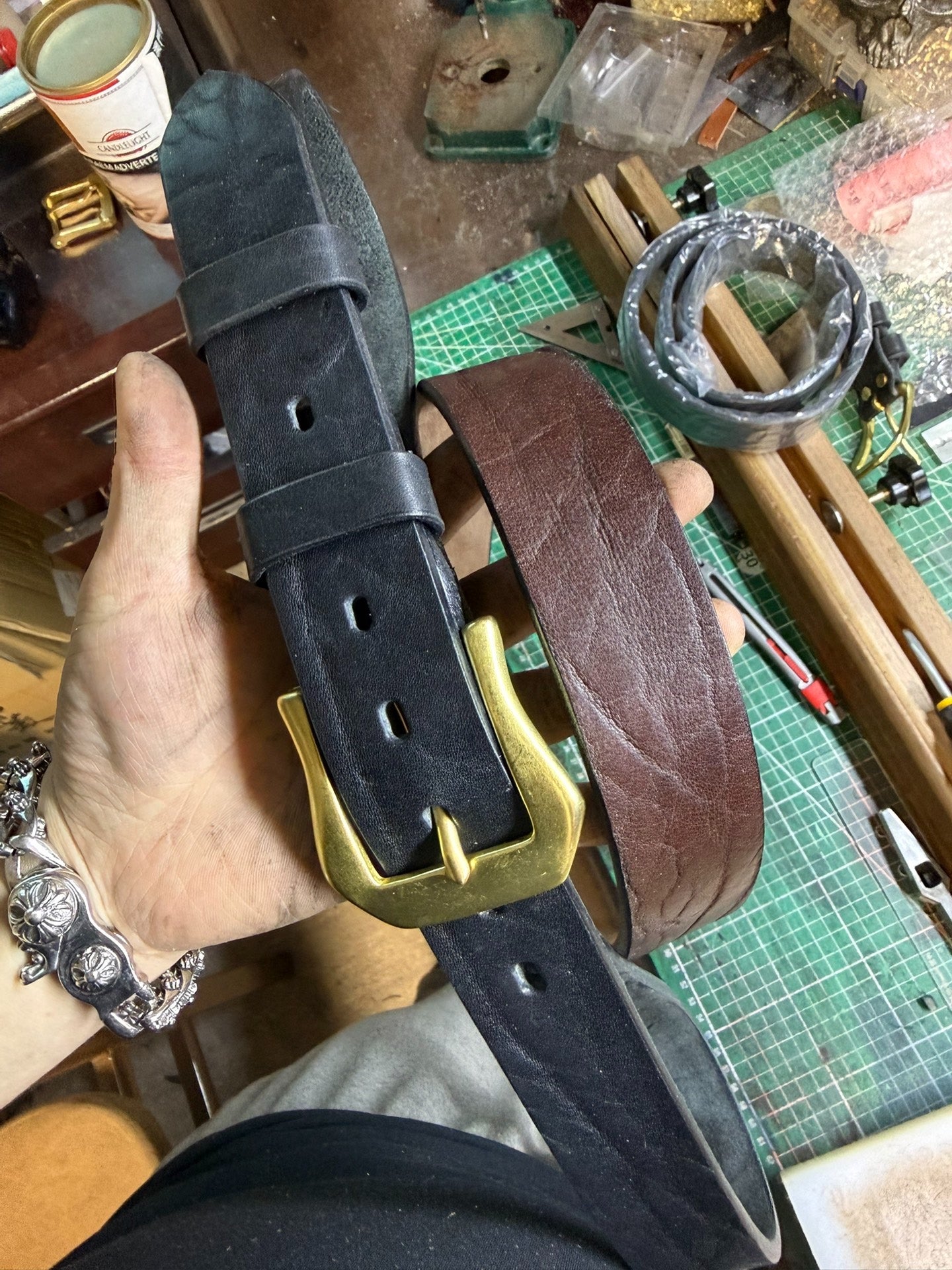 6 mm thick black bison leather handmade belt