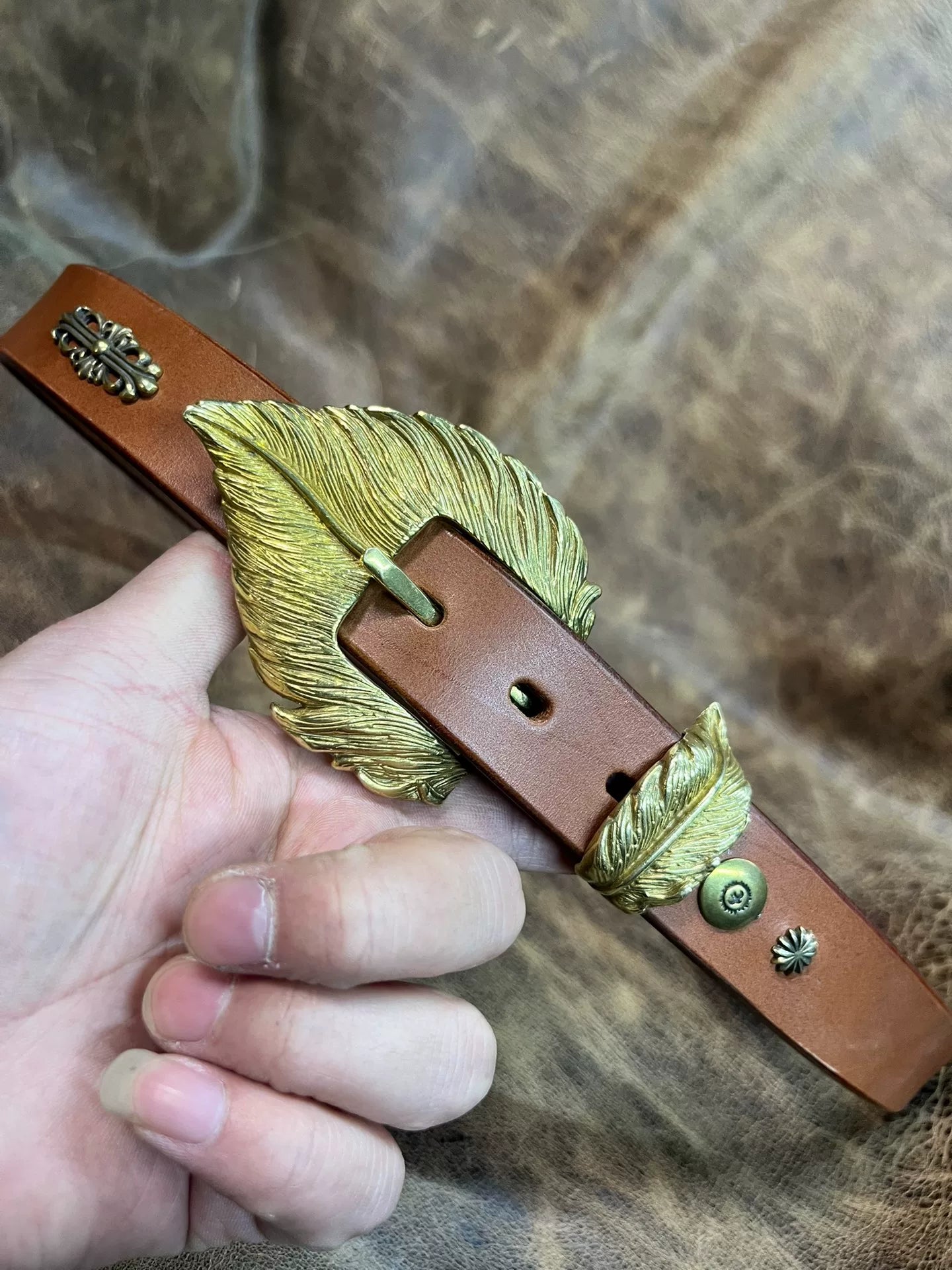 Customized American vintage handmade belt, solid brass belt buckle