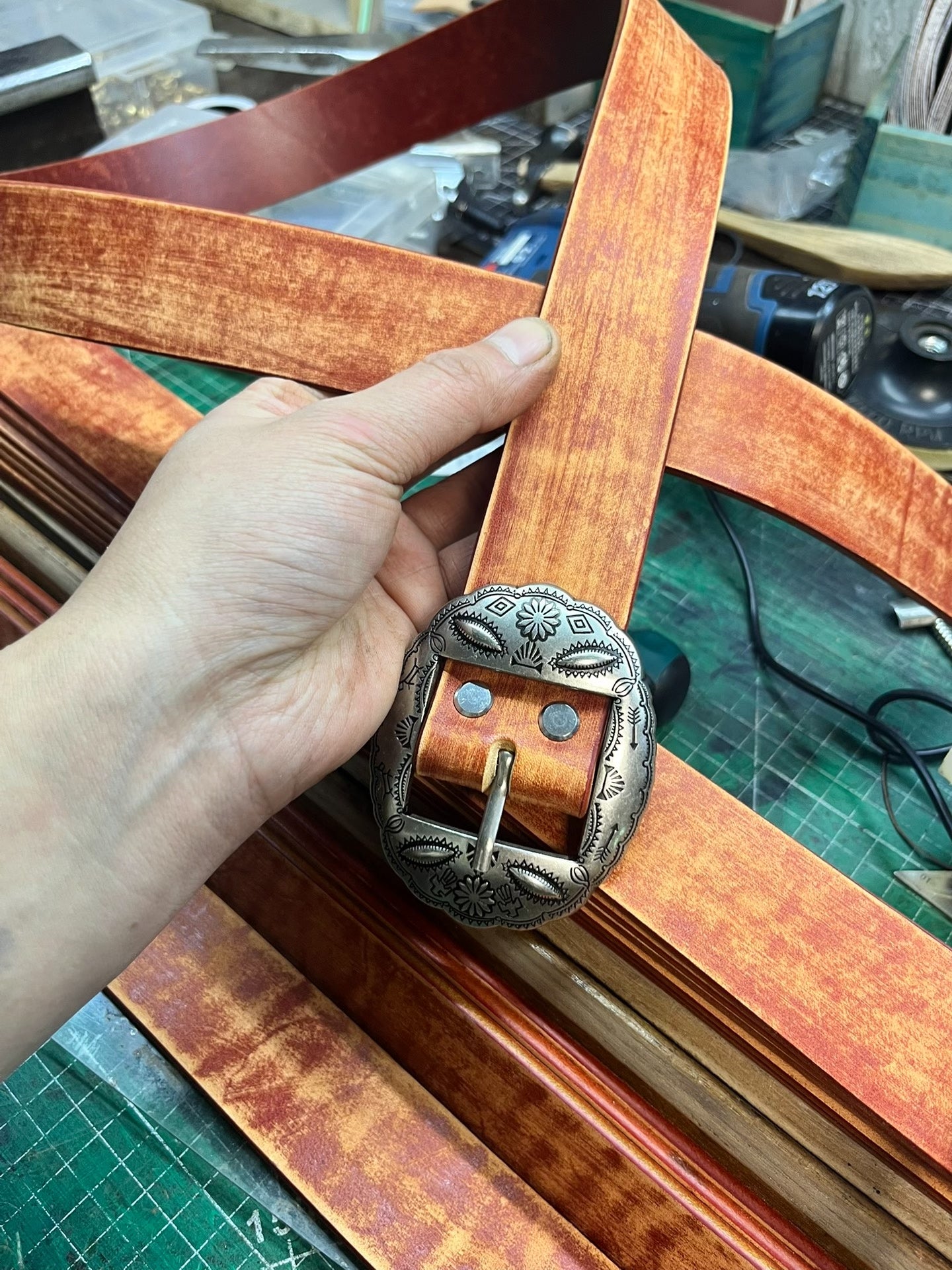 Vintage handmade cowhide leather belt on clearance