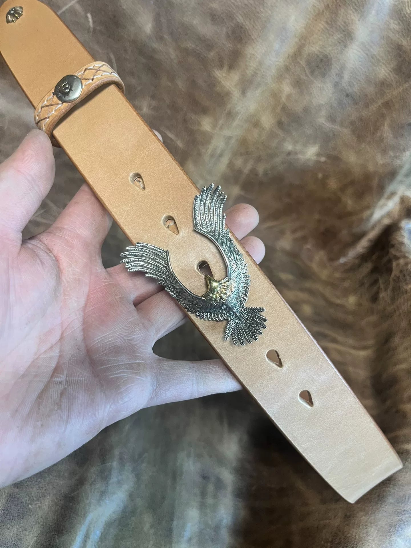 Pure copper Takahashi style eagle belt buckle with natural cowhide…