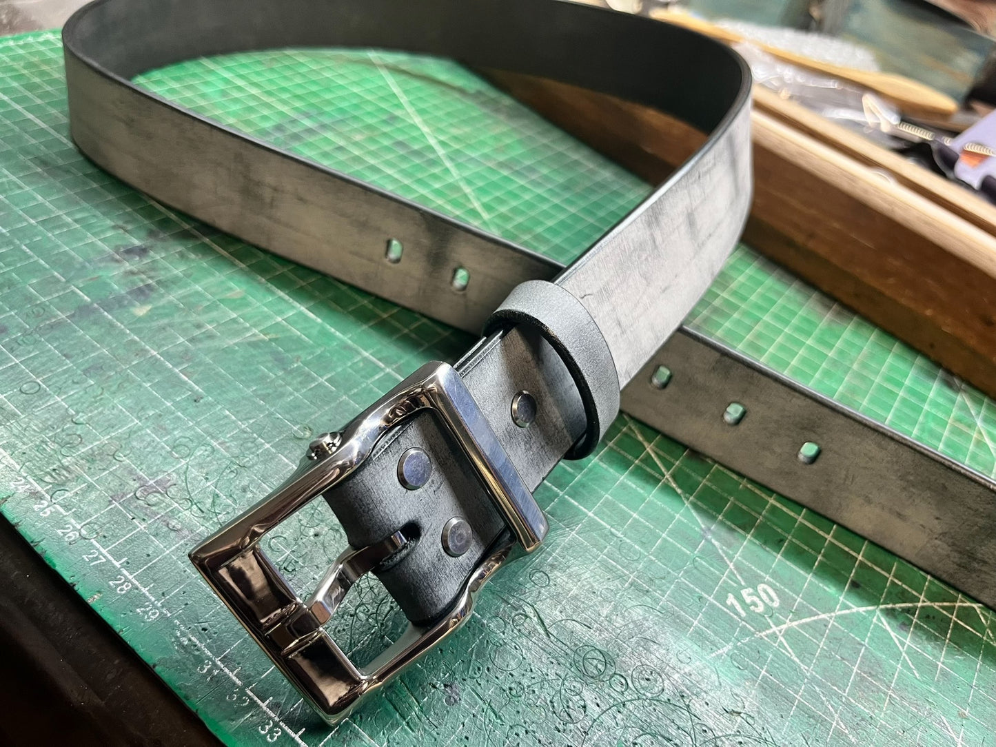 Italian matte wax horse rein leather black dyed handmade belt