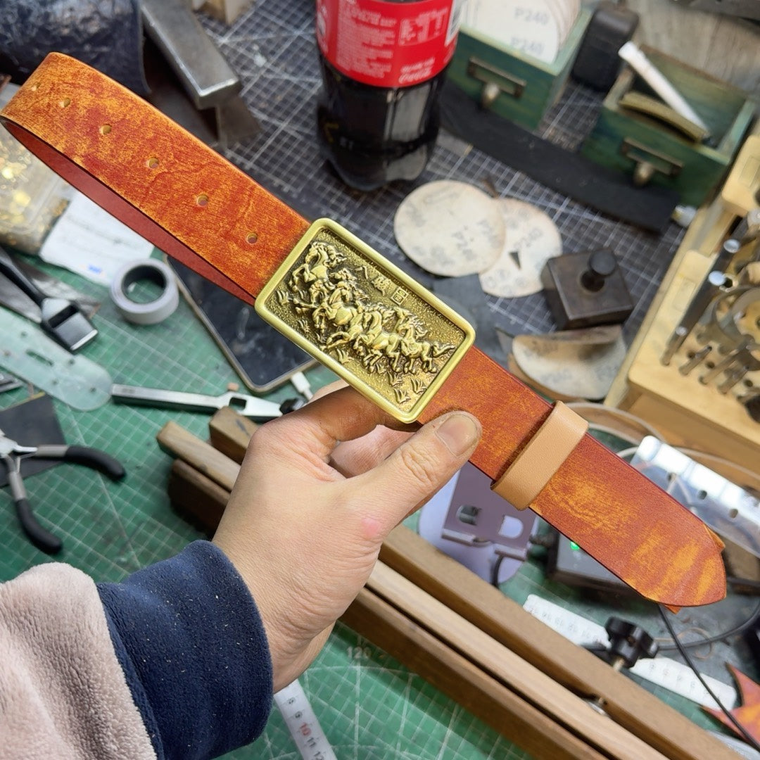 Brand-New 'Eight Horses' Embossed Leather Belt