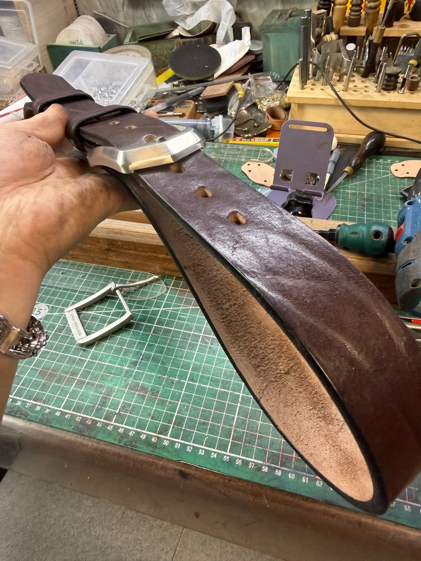 5.5 to 6 mm thick black, brown bison leather handmade