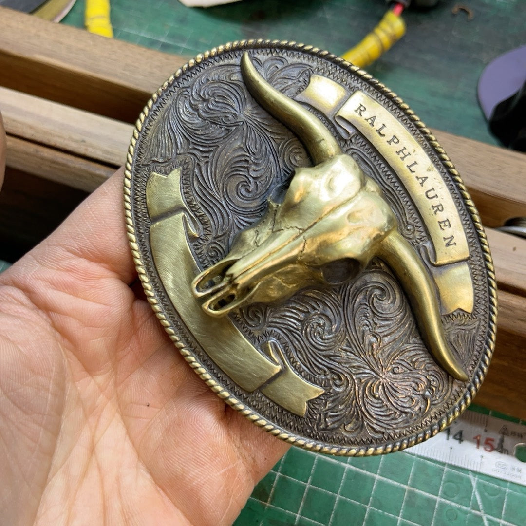 RL second-hand brass bull head belt buckle