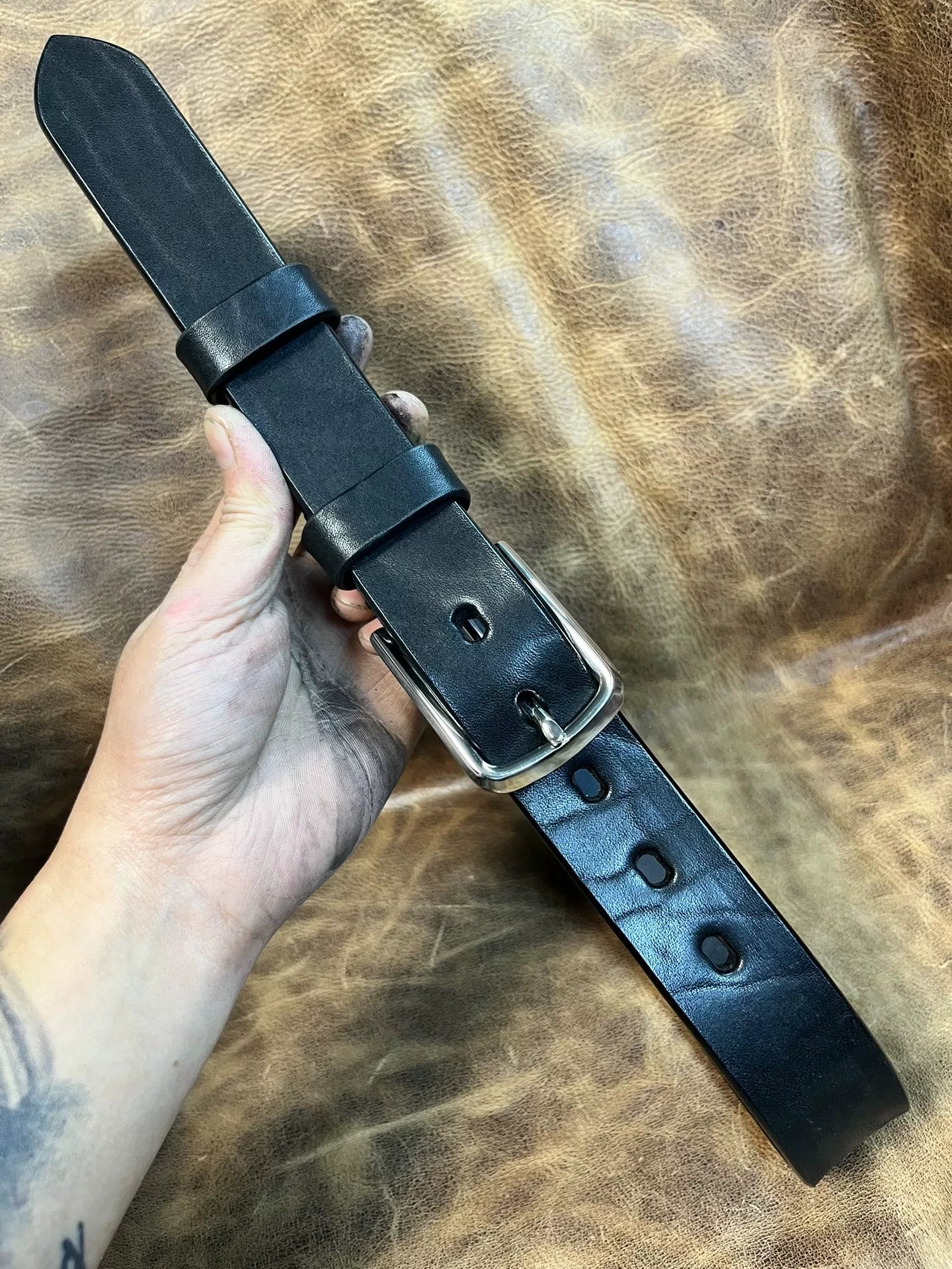 Black bison leather handmade belt
