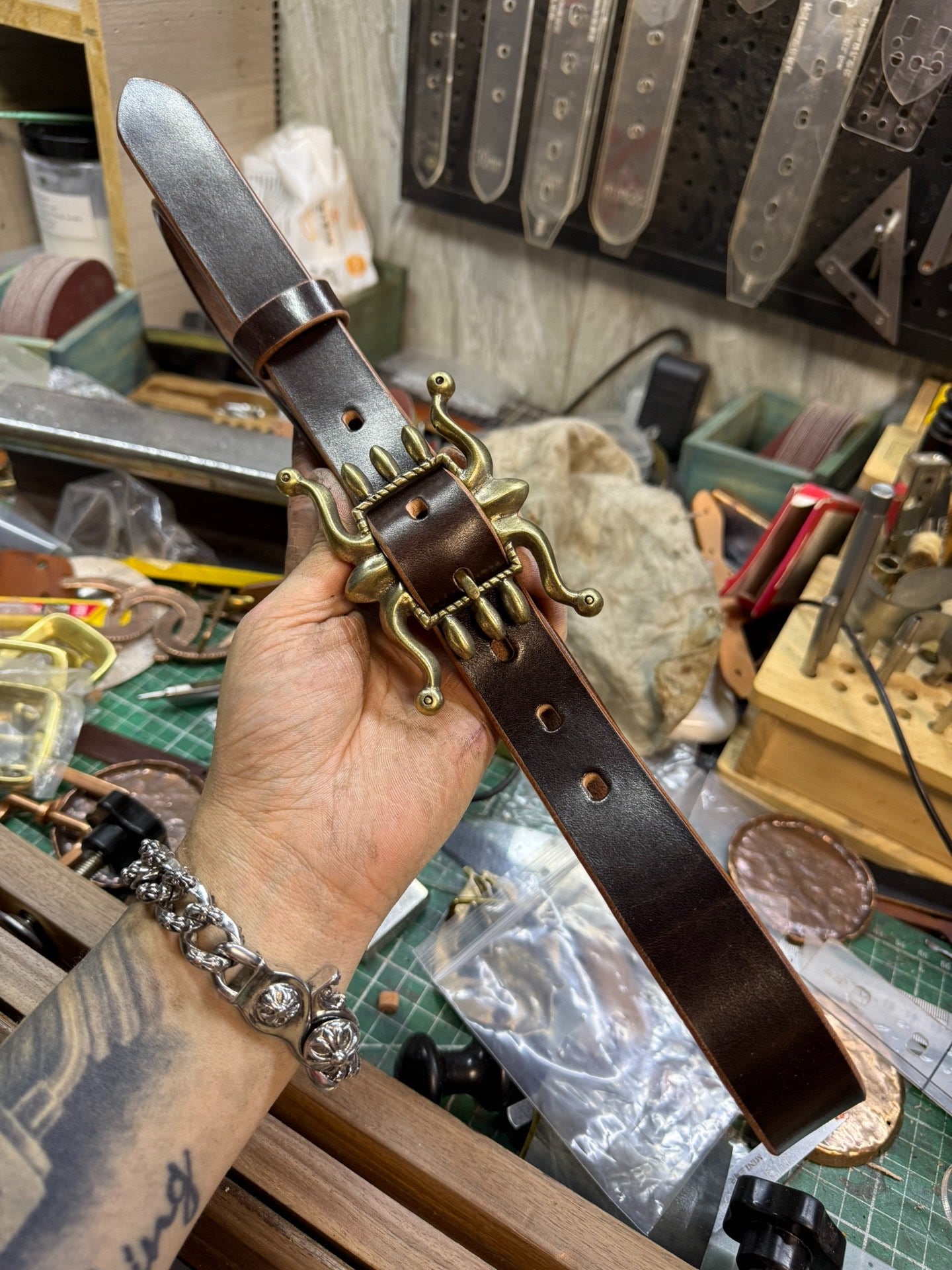 American Skirting Oil-Wax Leather Belt – Solid Brass RRL Octopus Buckle | 1.18in Wide | Handmade Custom
