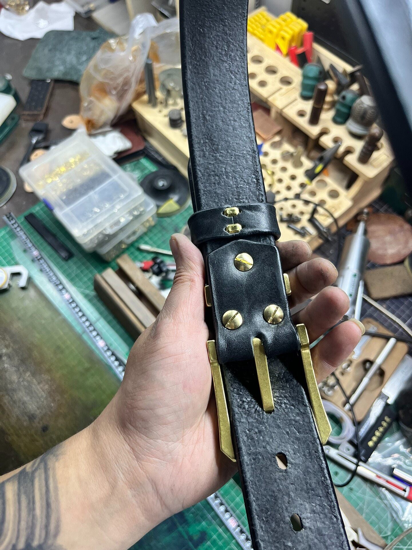 16oz North American Black Buffalo Leather Belt – Solid Copper Cowhide No.11 Hand-Hammered Buckle | Handmade