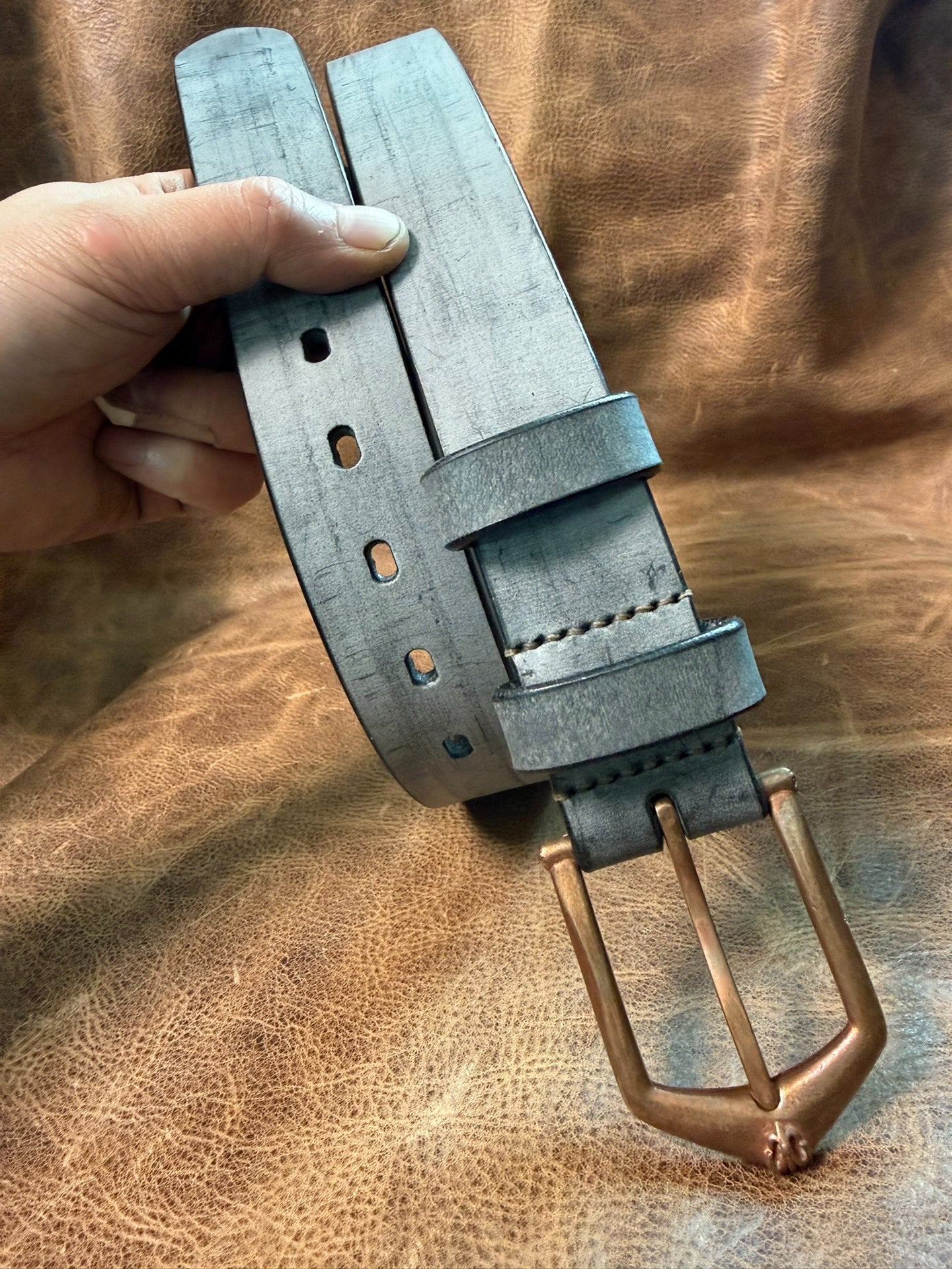 Italian matte wax horse rein leather black dyed handmade belt