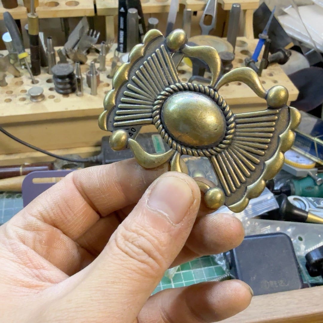 Solid brass Navajo turquoise belt buckle