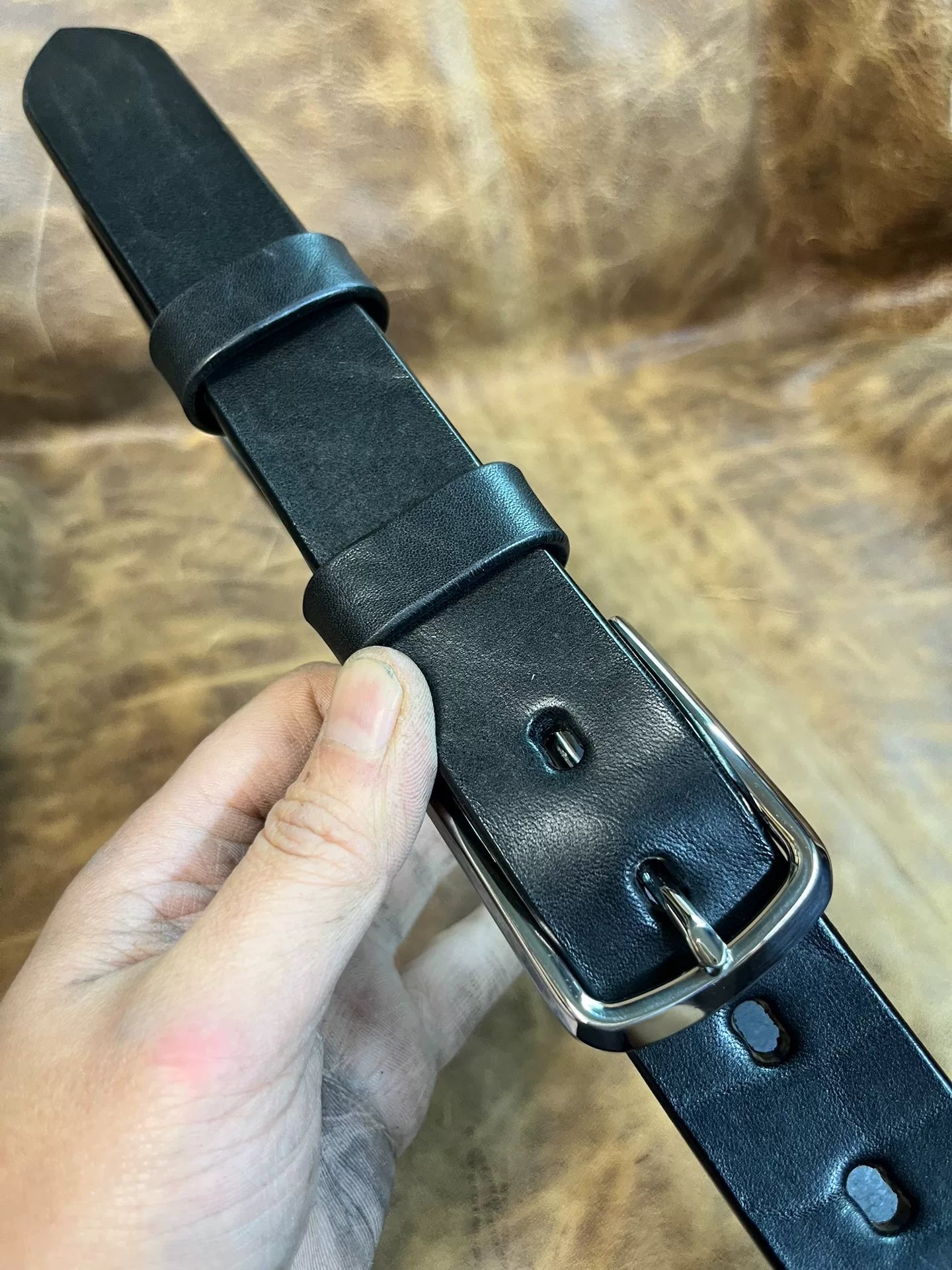 Black bison leather handmade belt