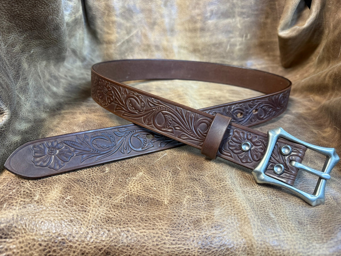 Meian's custom-made brown carved handmade belt