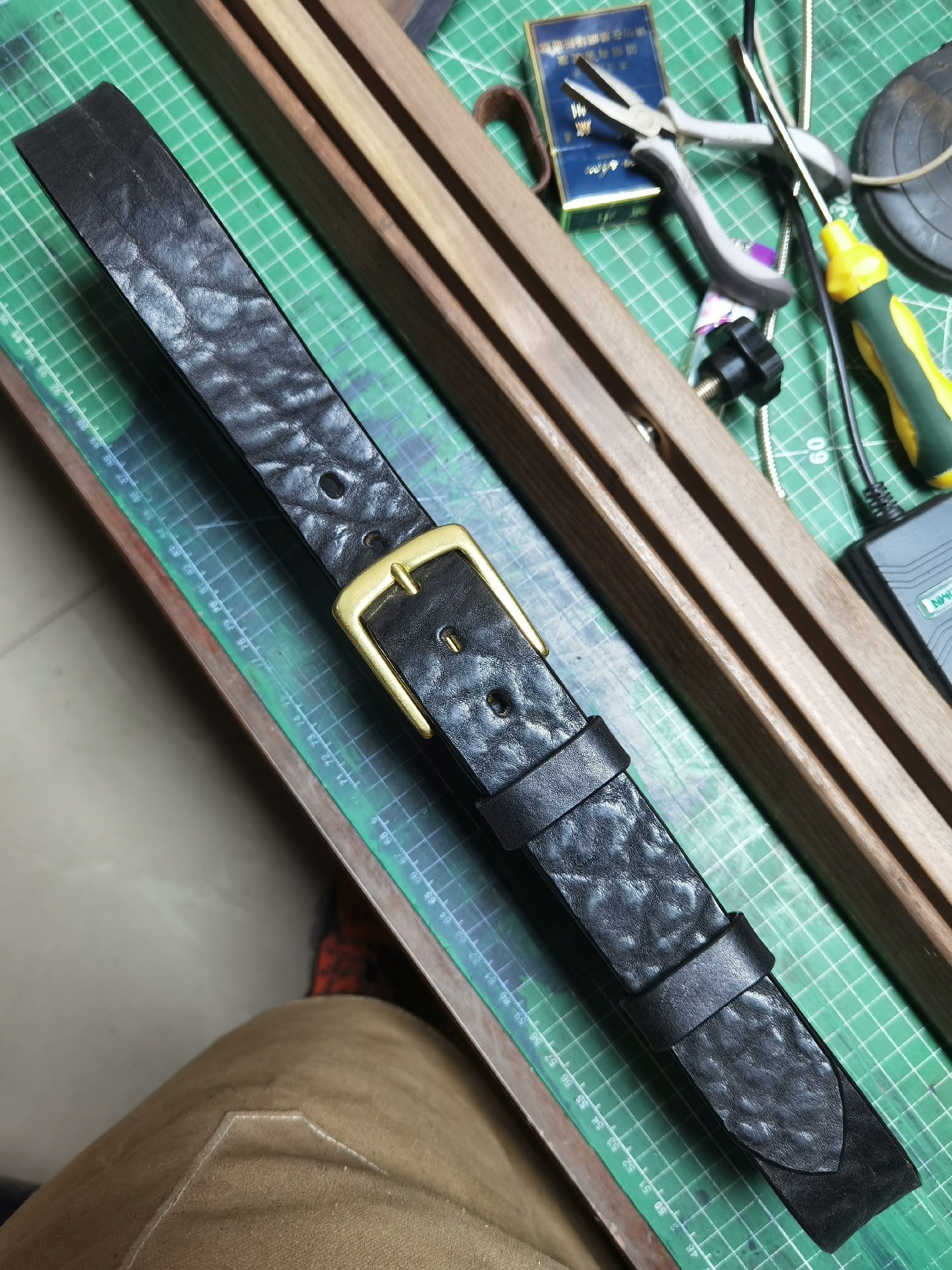 Black dyed bison leather handmade belt imported from North America