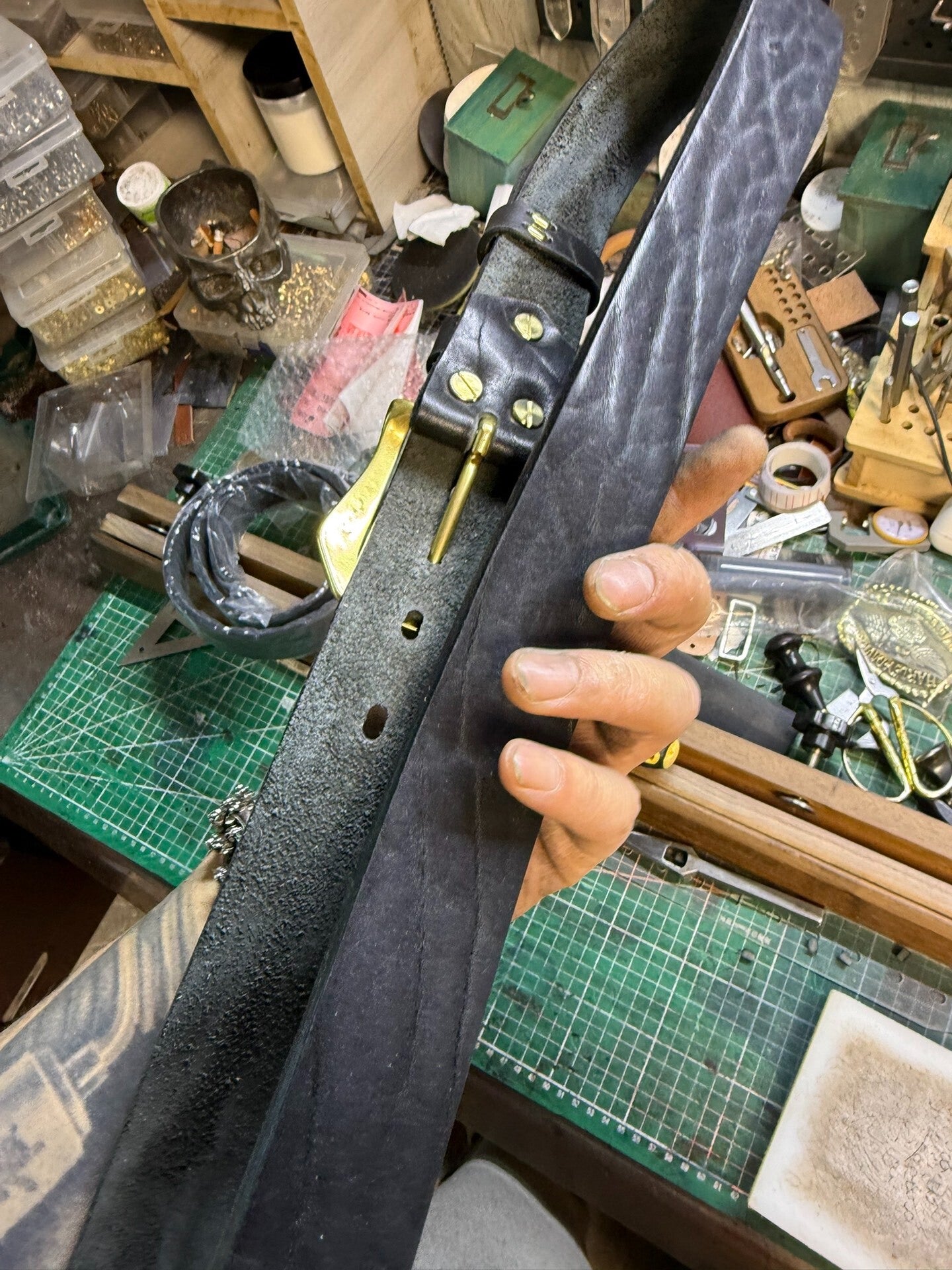 6 mm thick black bison leather handmade belt