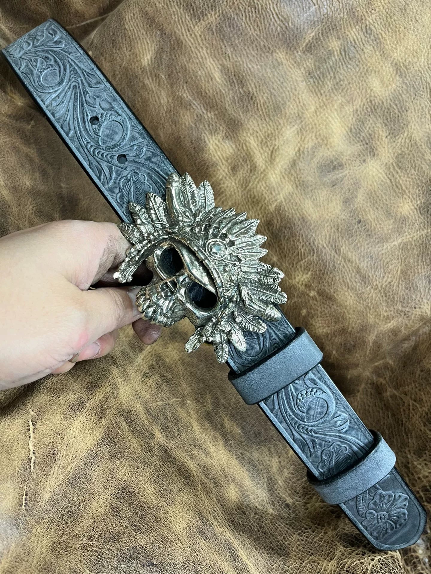 British A brand replica white copper skull Indian white copper belt…