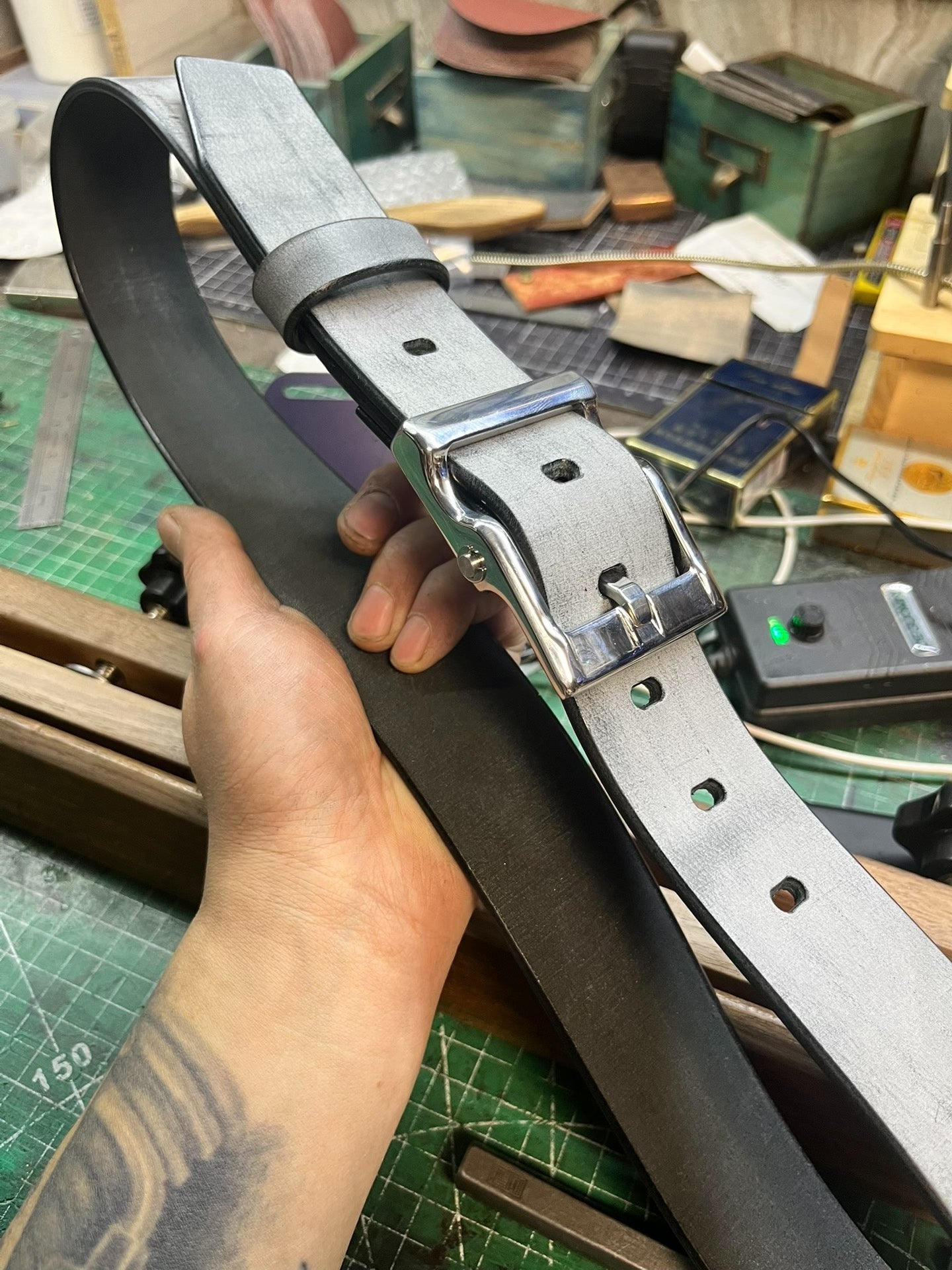 Italian matte wax horse rein leather black dyed handmade belt