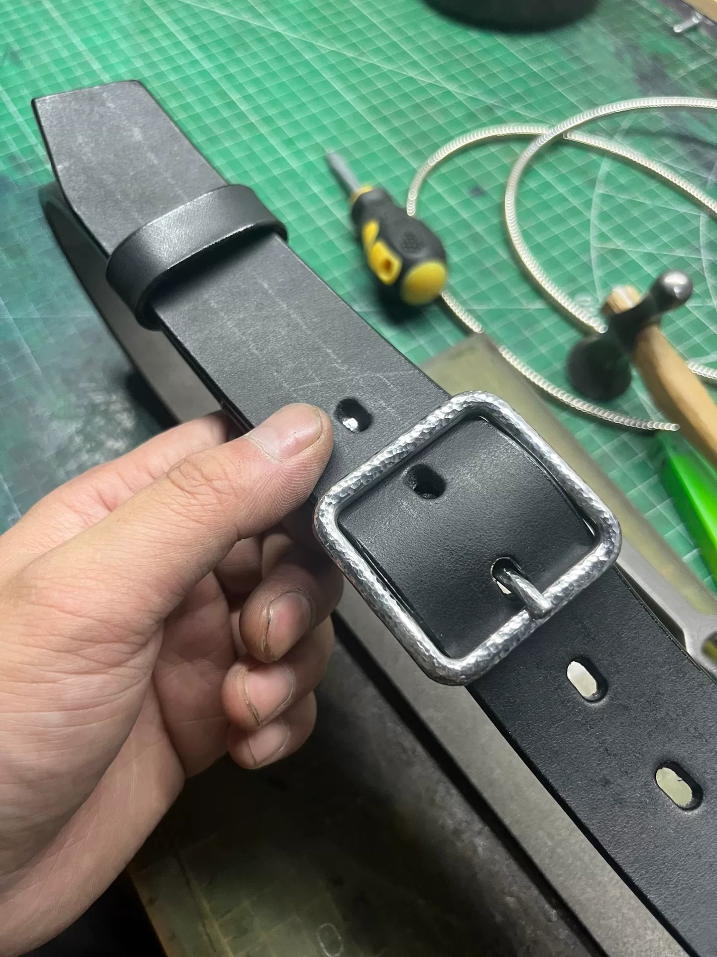 Handmade Top-Grain Leather Belt — Hammered Stainless Steel Buckle