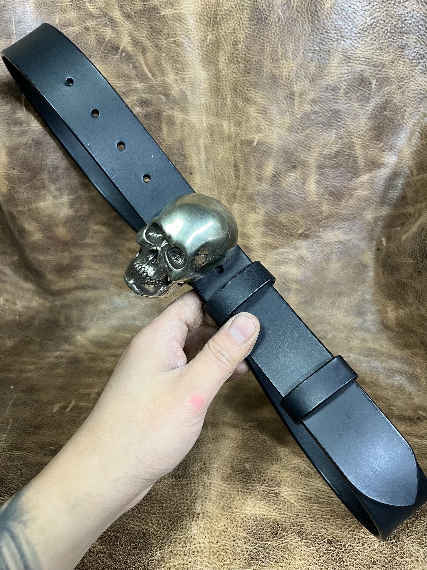 American retro skull pure copper belt buckle with black Italian veg…