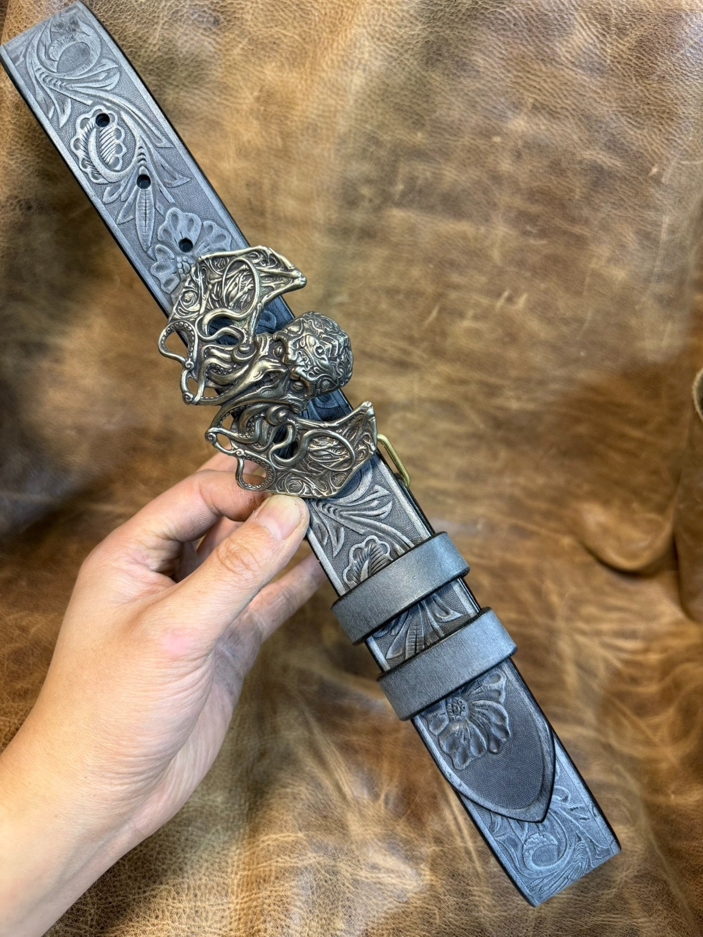 The Italian horse-rein carved handmade belt is custom-made