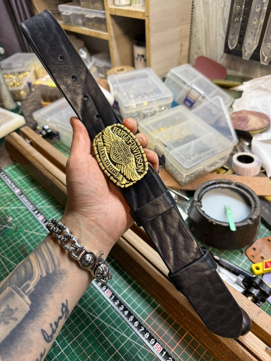 6 mm thick black bison leather handmade belt