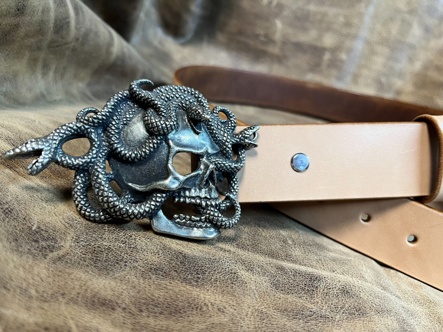 American retro skull snake pure copper and white copper belt buckle…