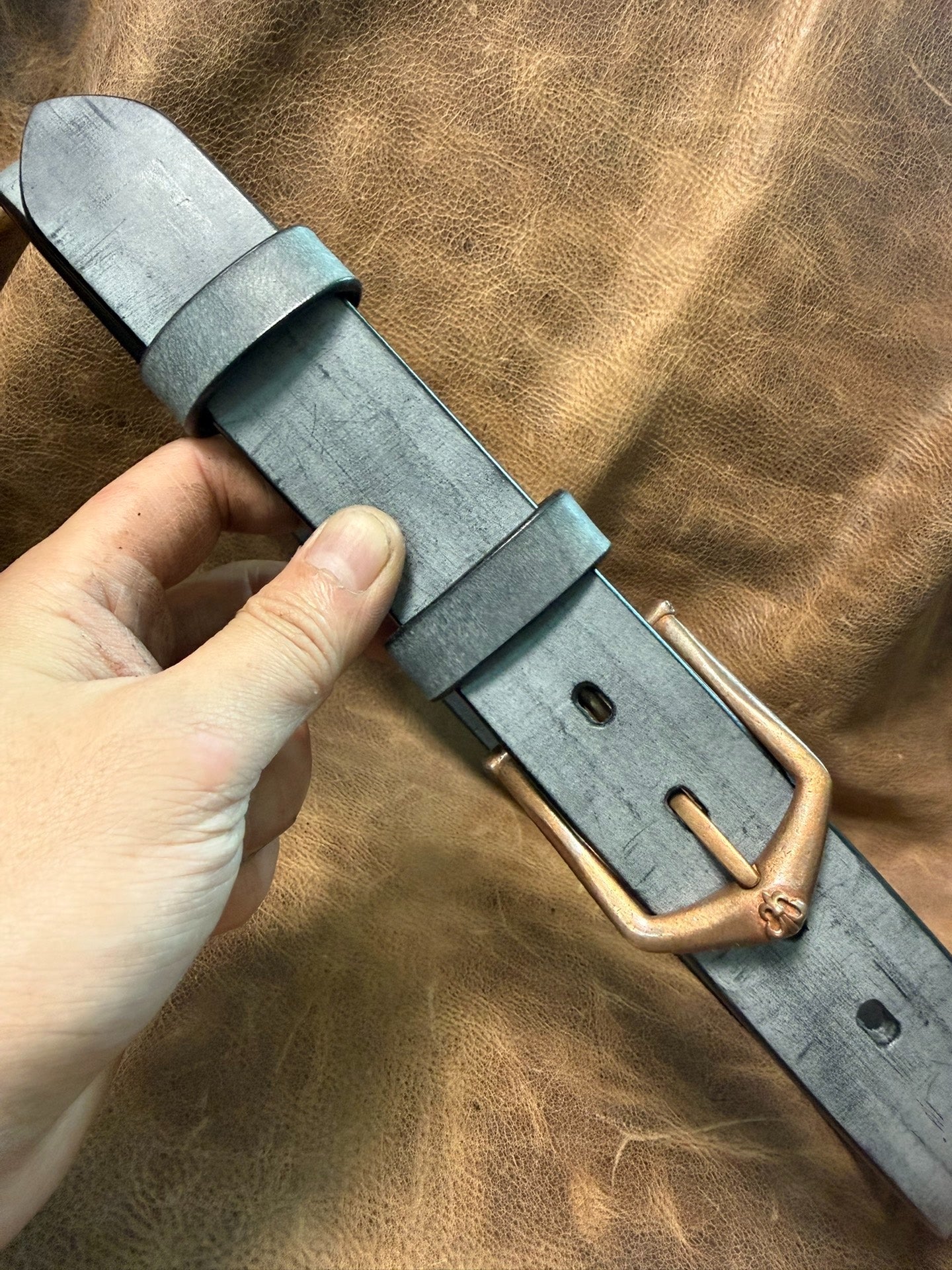 Italian matte wax horse rein leather black dyed handmade belt