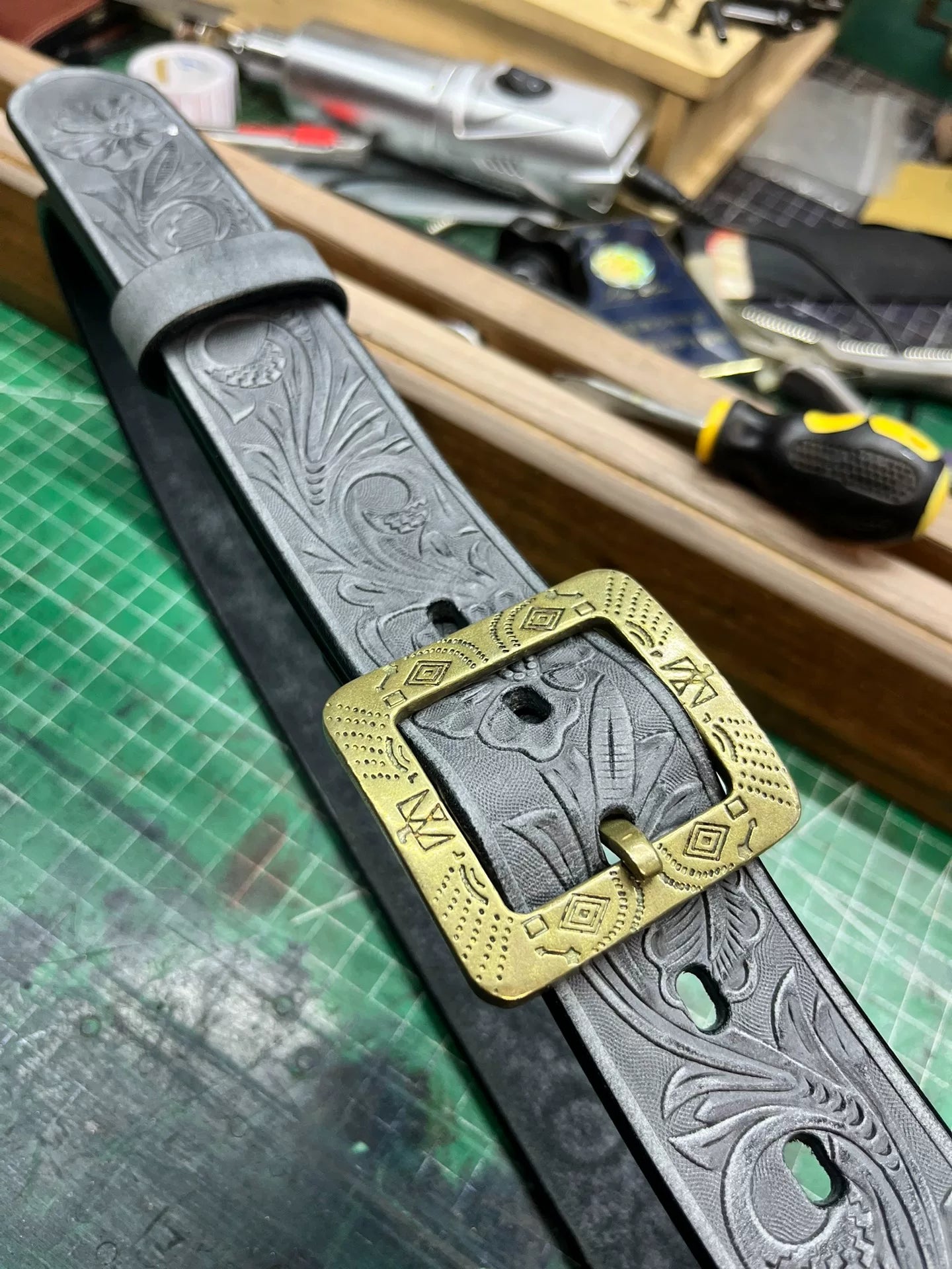 The machine-carved handmade belt of Italian horse-bridle leather is…
