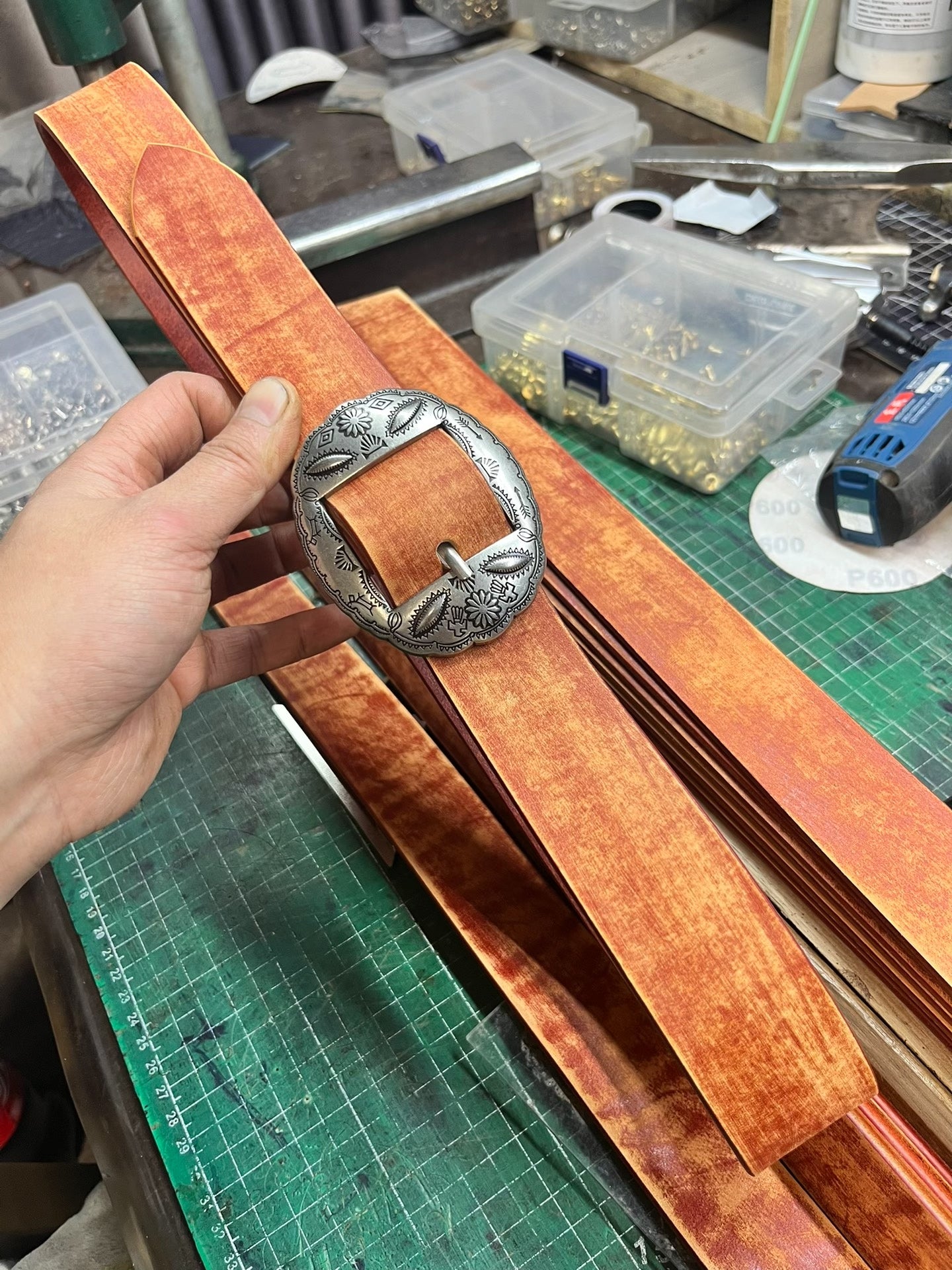 Vintage handmade cowhide leather belt on clearance