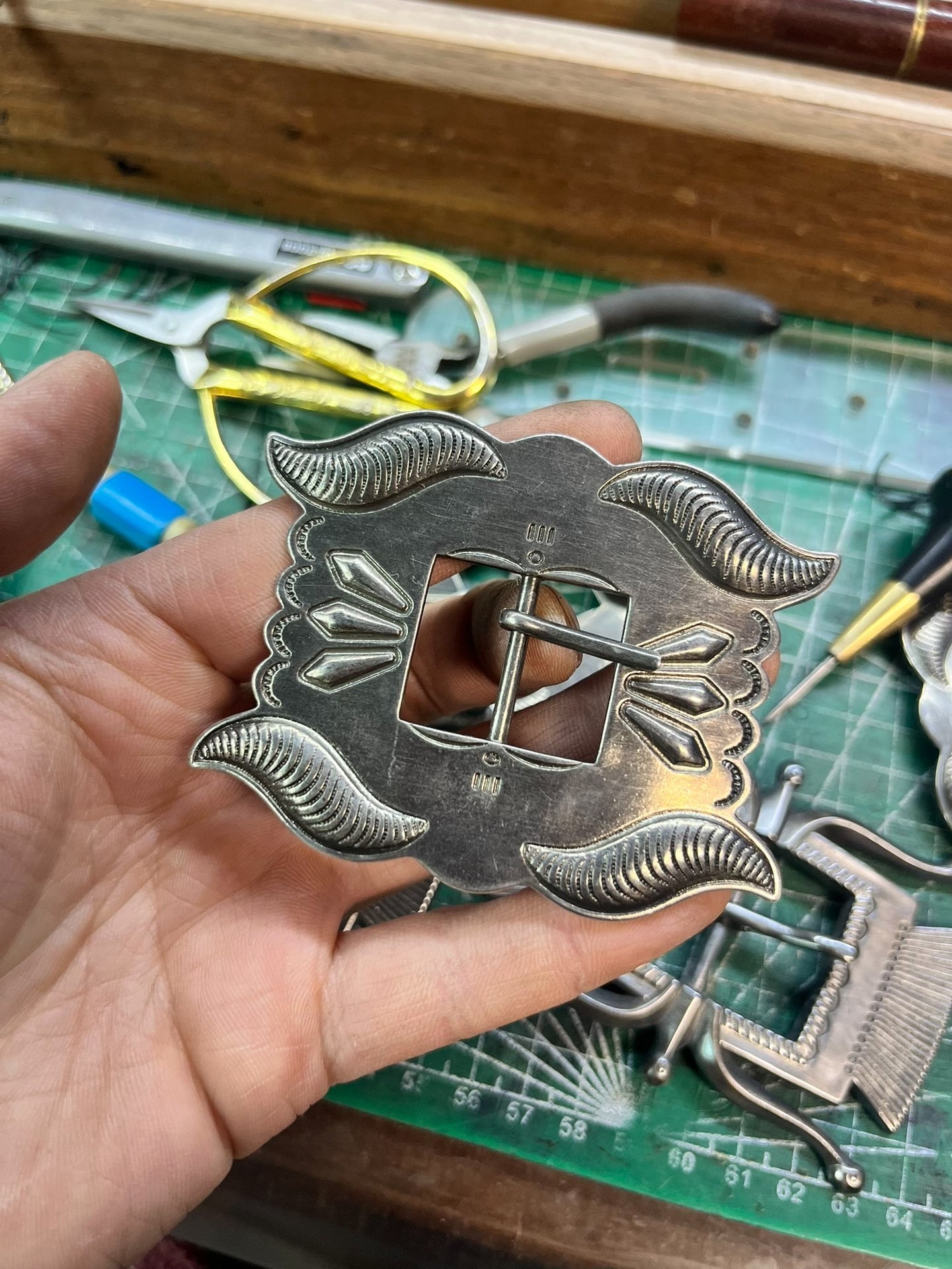 RRL Vintage Brass Buckle — Thick Silver Plating, Natural Patina