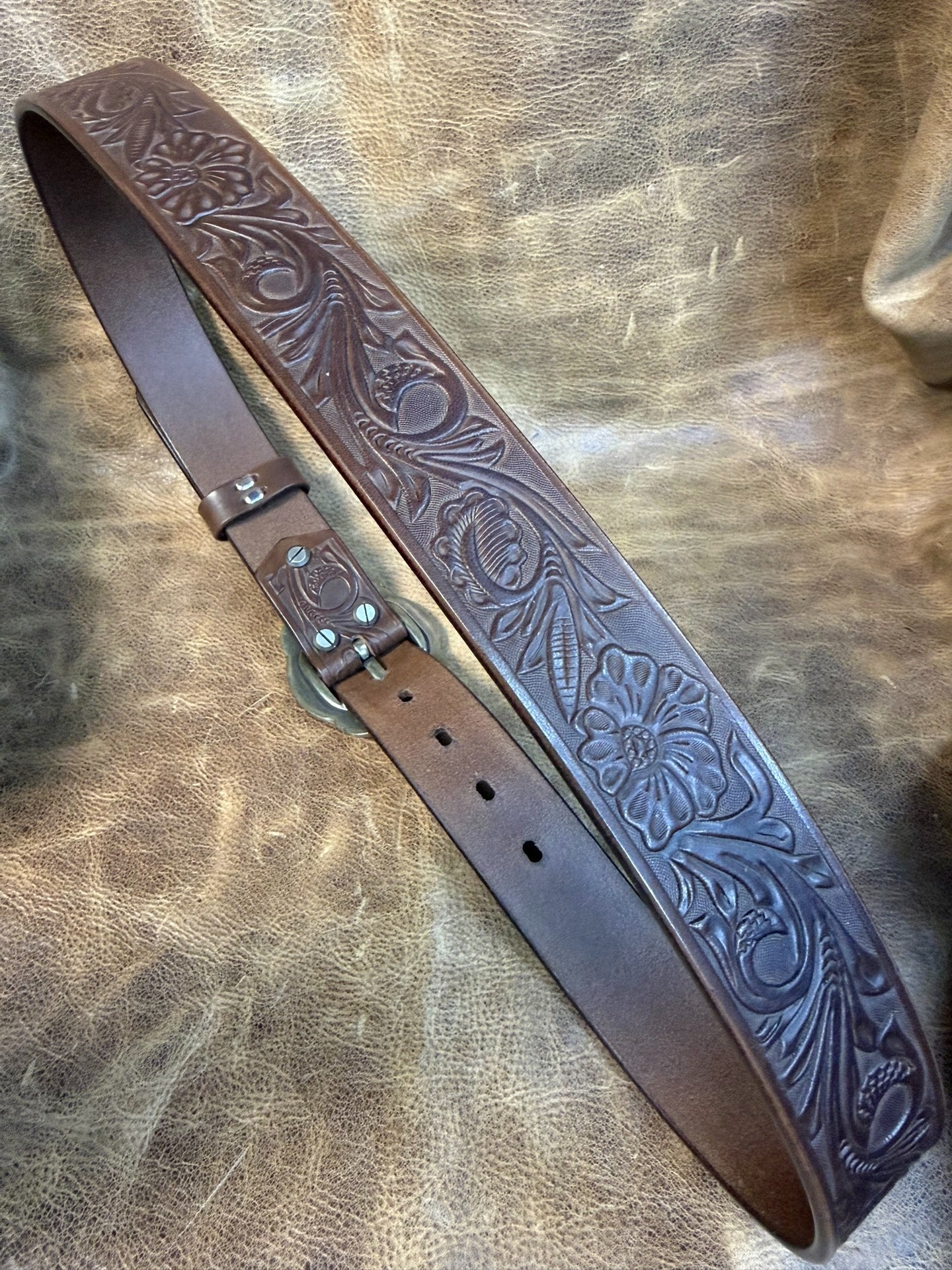 Meian's custom-made brown carved handmade belt