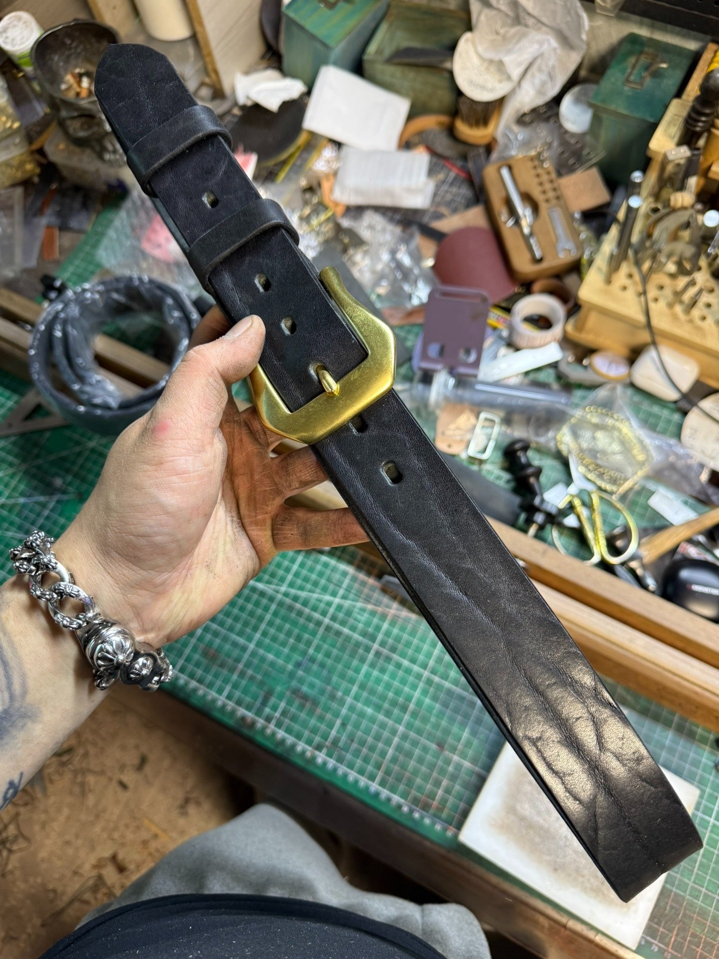 6 mm thick black bison leather handmade belt