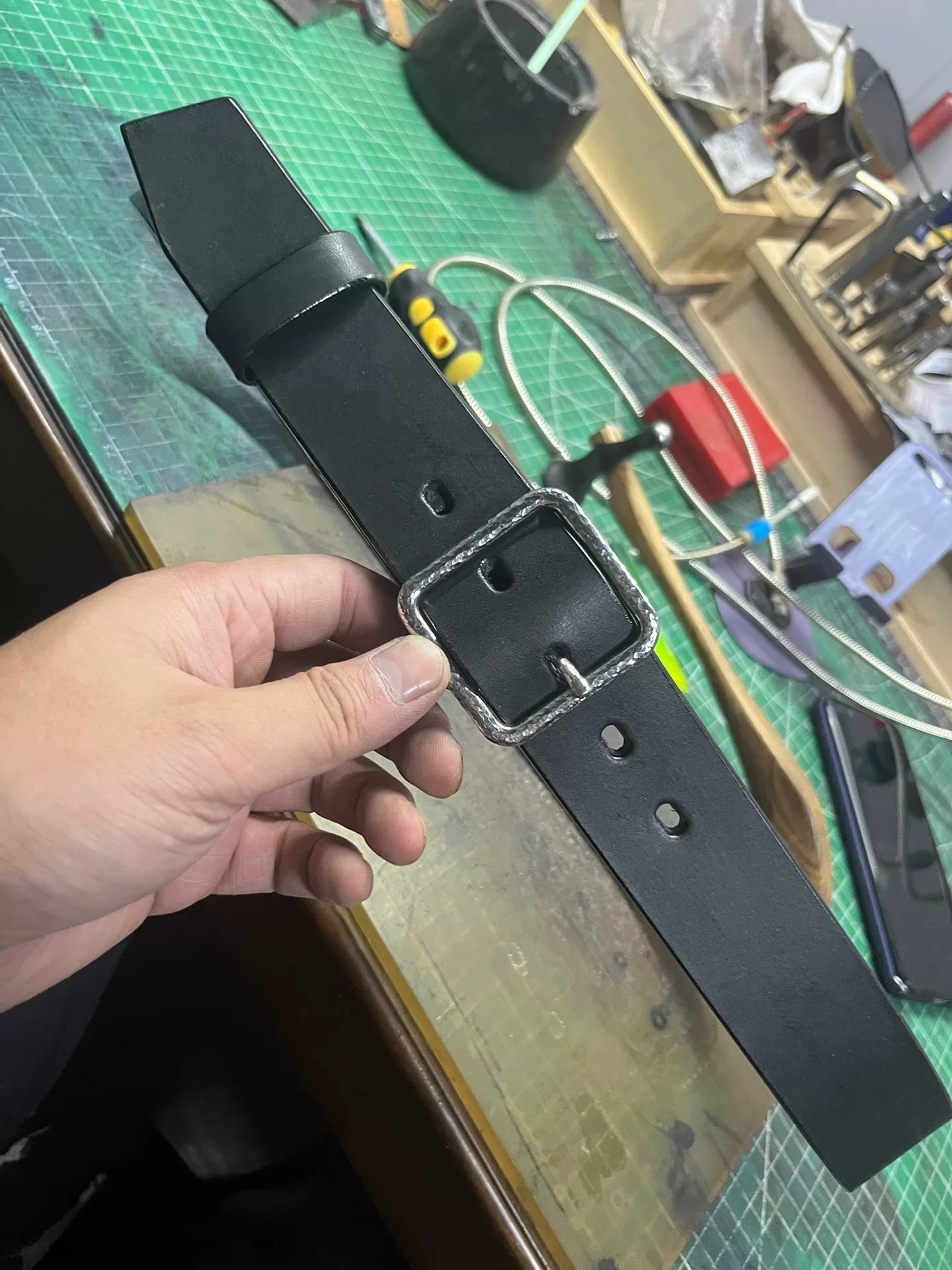 Handmade Top-Grain Leather Belt — Hammered Stainless Steel Buckle