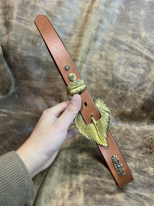 Customized American vintage handmade belt, solid brass belt buckle