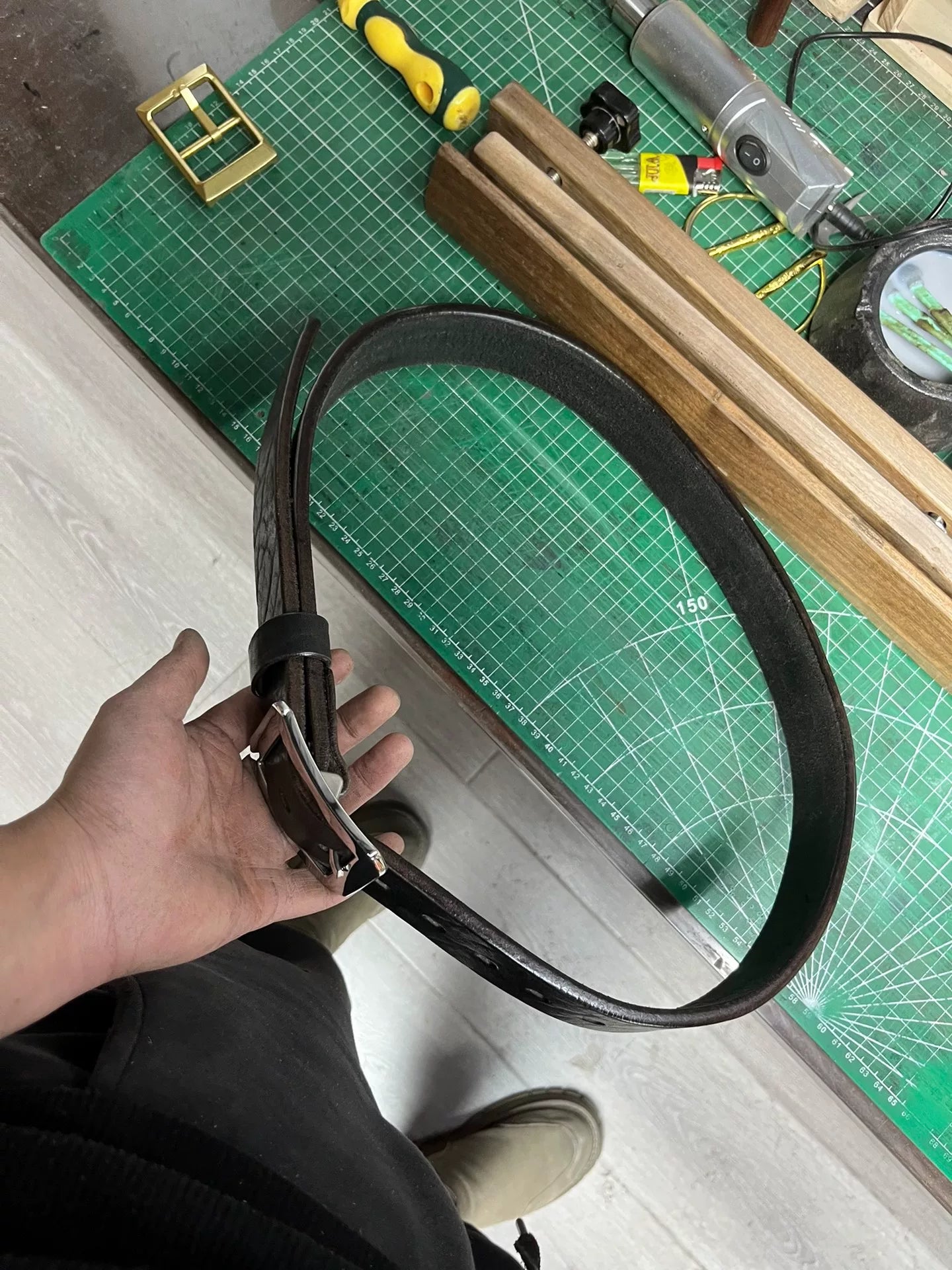 Black dyed bison leather handmade belt imported from North America