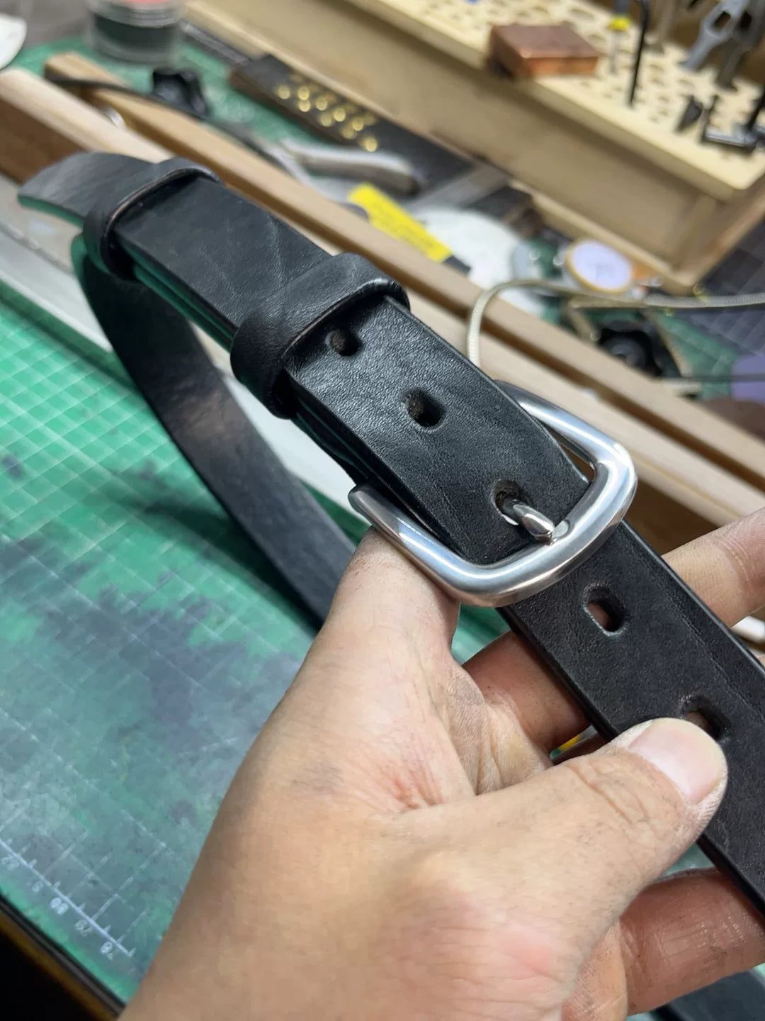 Black dyed bison leather handmade belt imported from North America