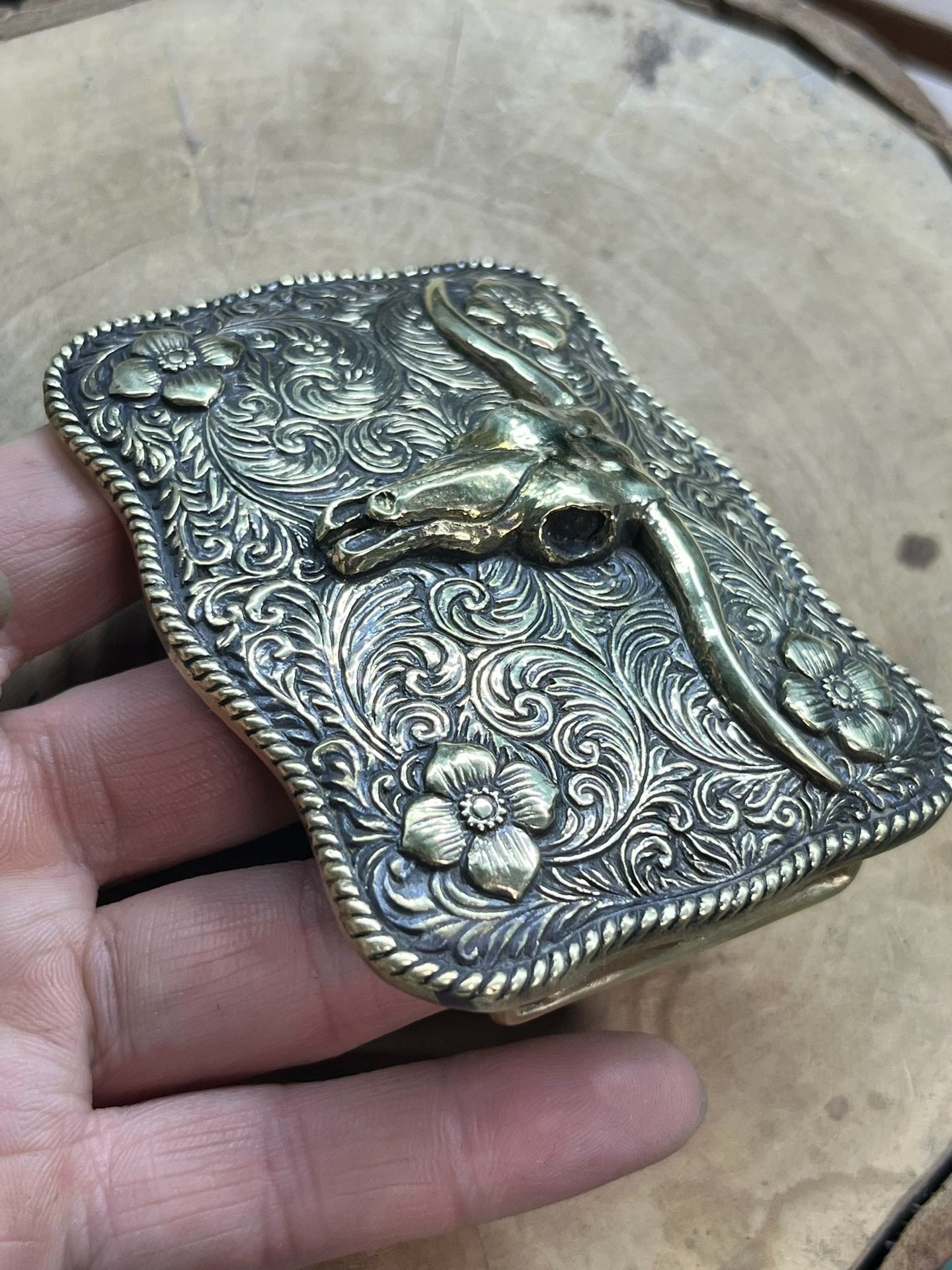 Handmade western medieval Ami khaki bull head belt with brass belt…