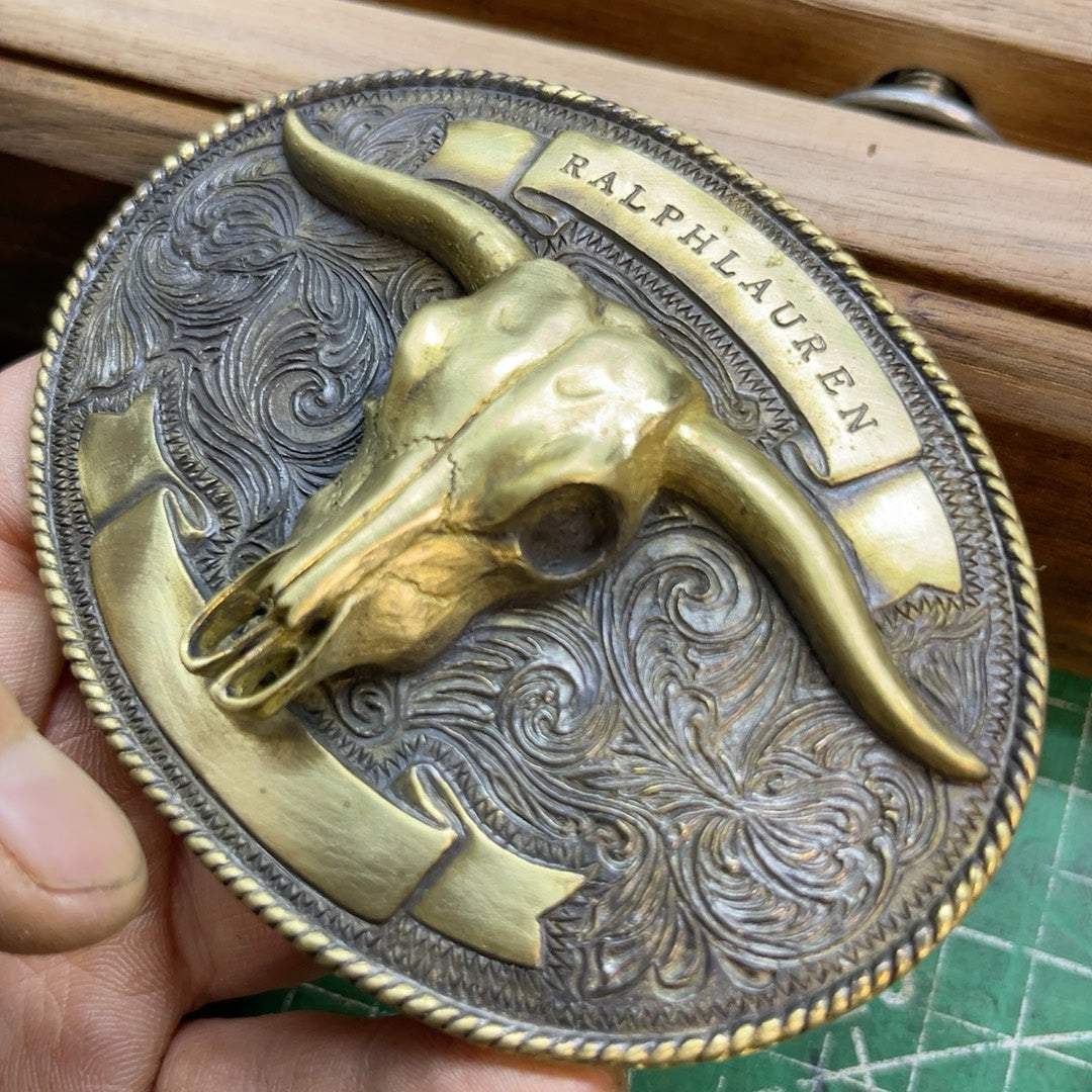 RL second-hand brass bull head belt buckle