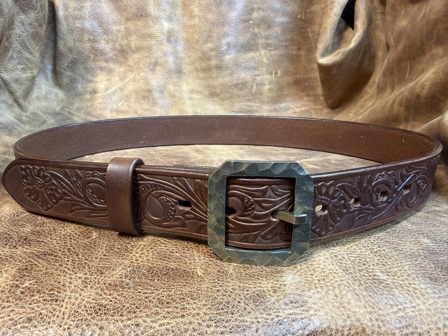 Meian's custom-made brown carved handmade belt