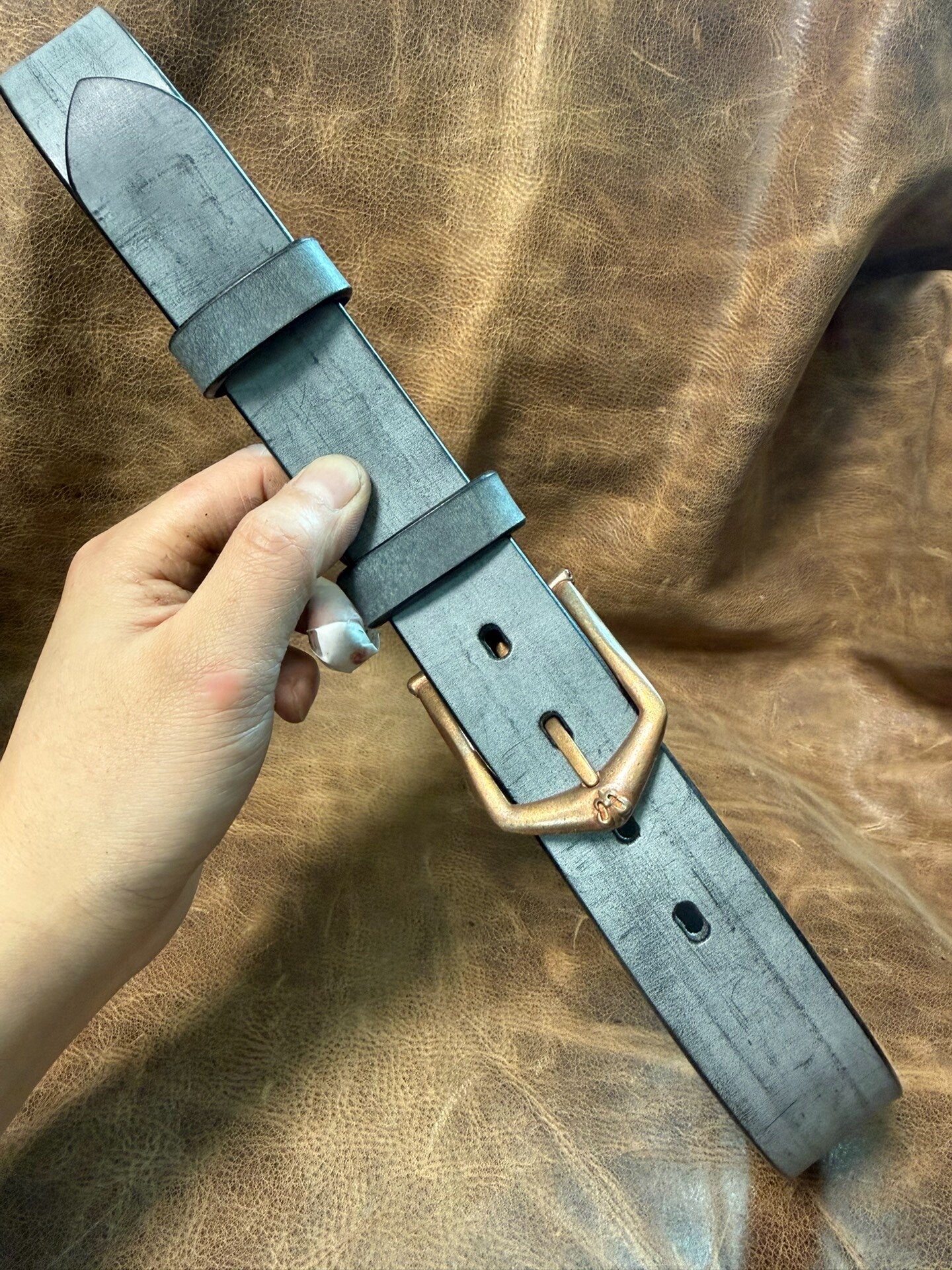 Italian matte wax horse rein leather black dyed handmade belt