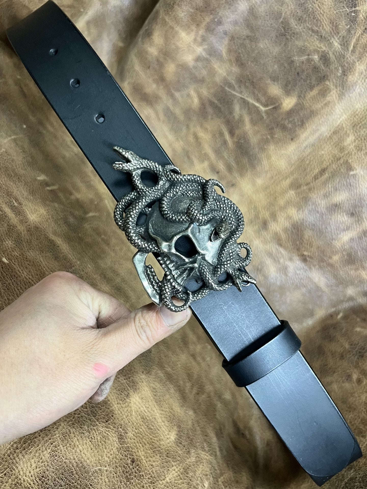 American retro skull snake pure copper and white copper belt buckle…