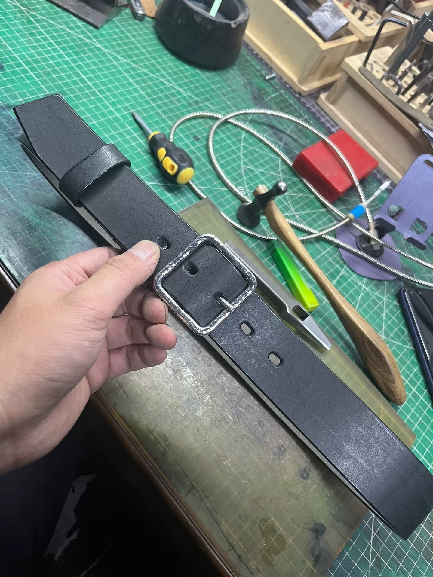 Handmade Top-Grain Leather Belt — Hammered Stainless Steel Buckle