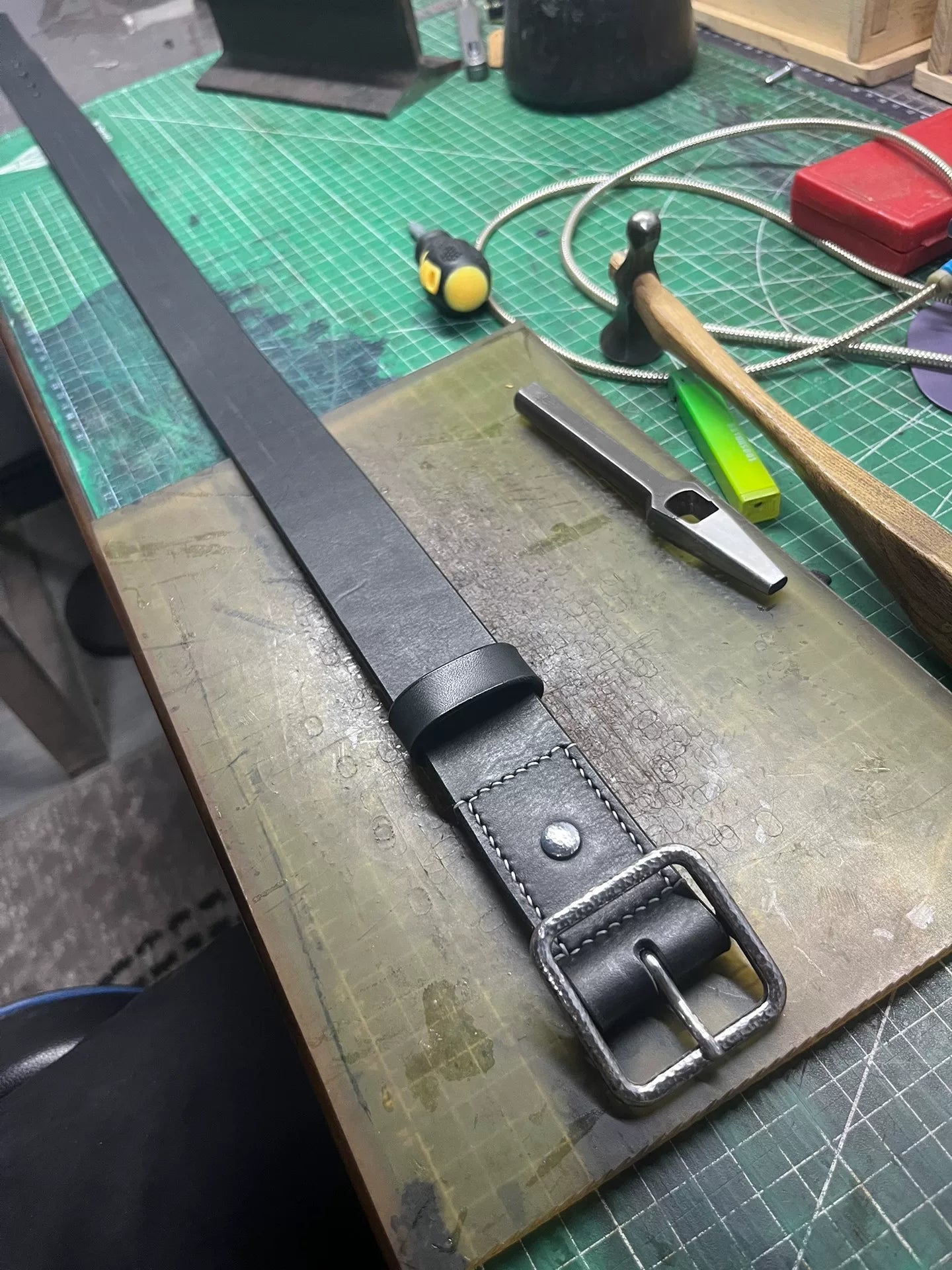 Handmade Top-Grain Leather Belt — Hammered Stainless Steel Buckle