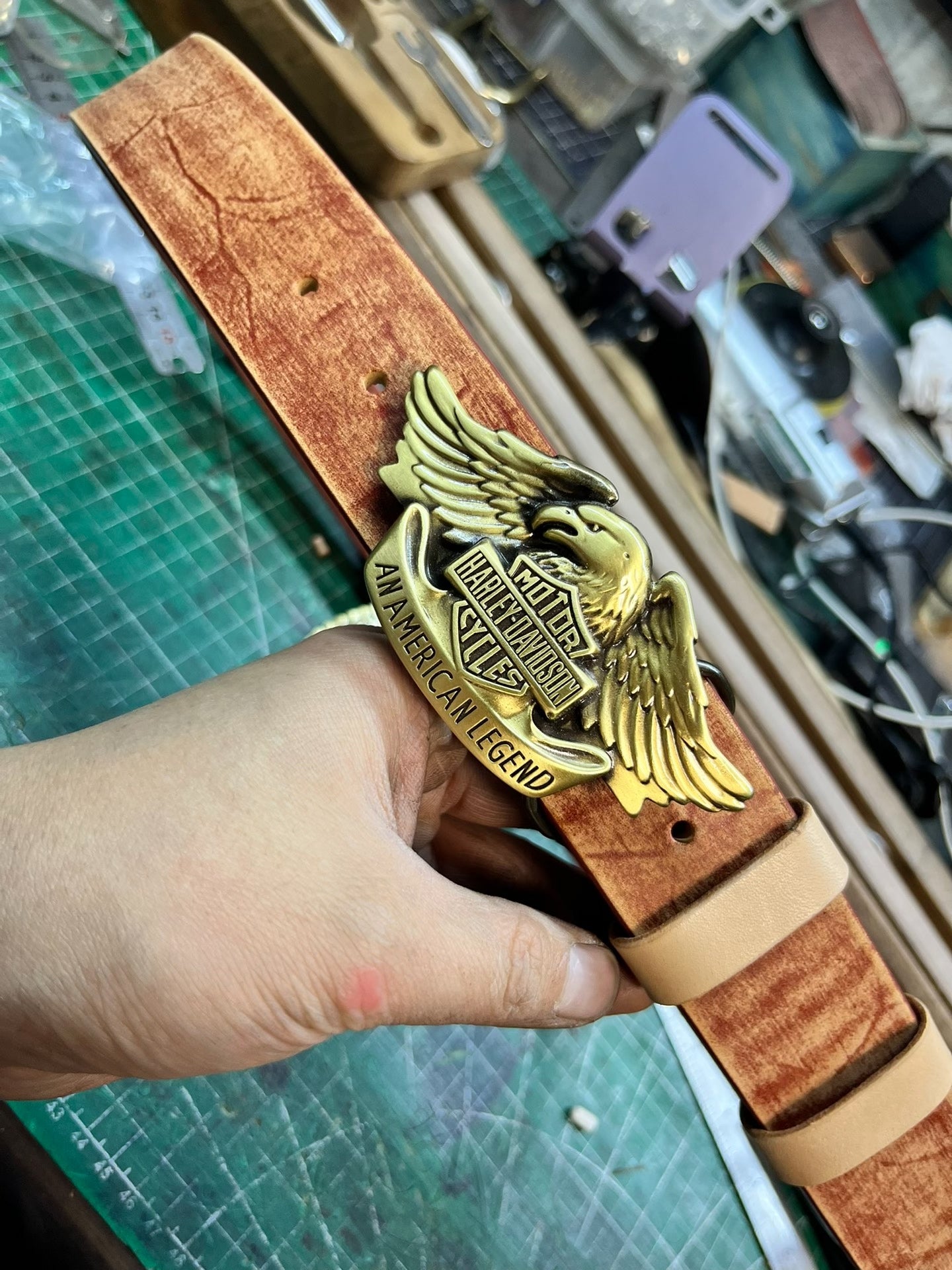 Harley Motorcycle Leather Belt — Solid Brass + Italian Top-Grain