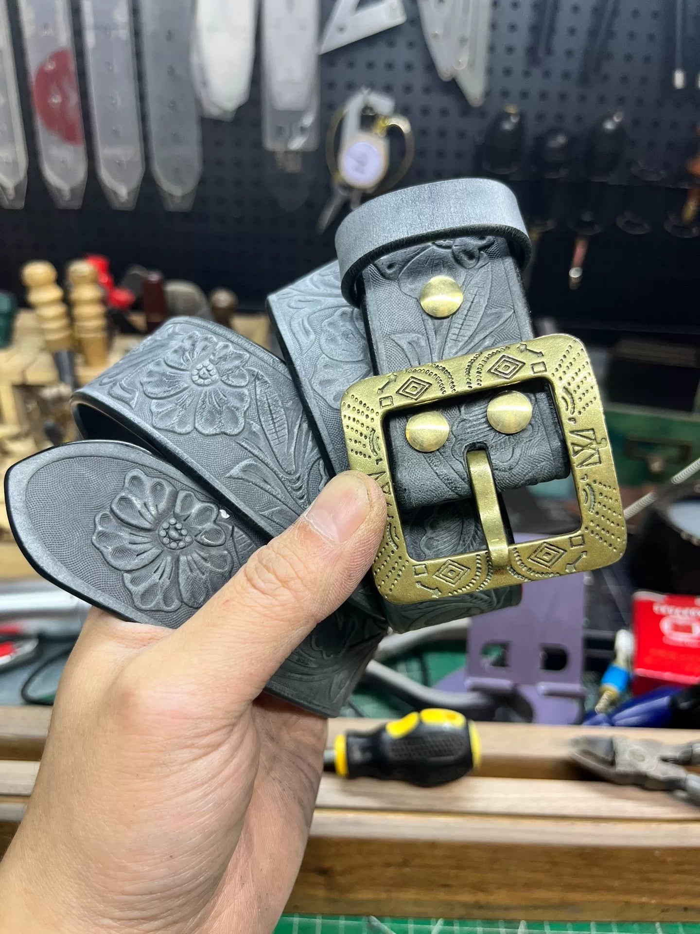 The machine-carved handmade belt of Italian horse-bridle leather is…