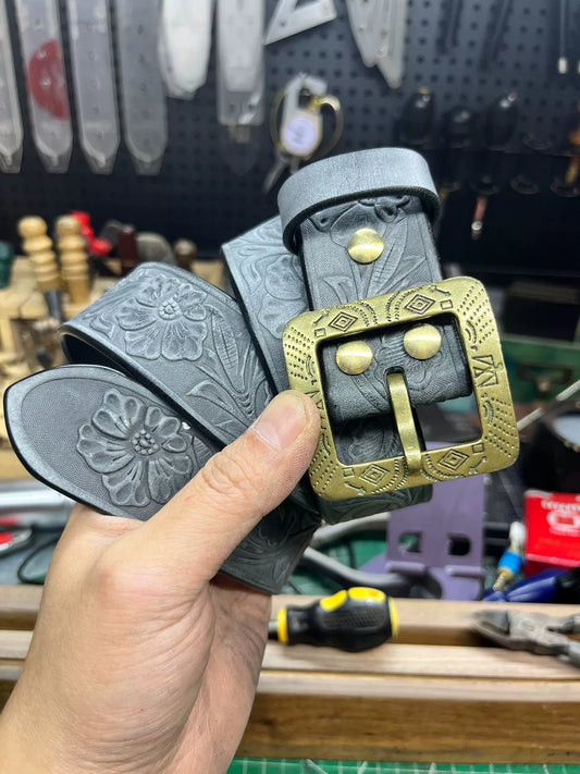 The machine-carved handmade belt of Italian horse-bridle leather is…