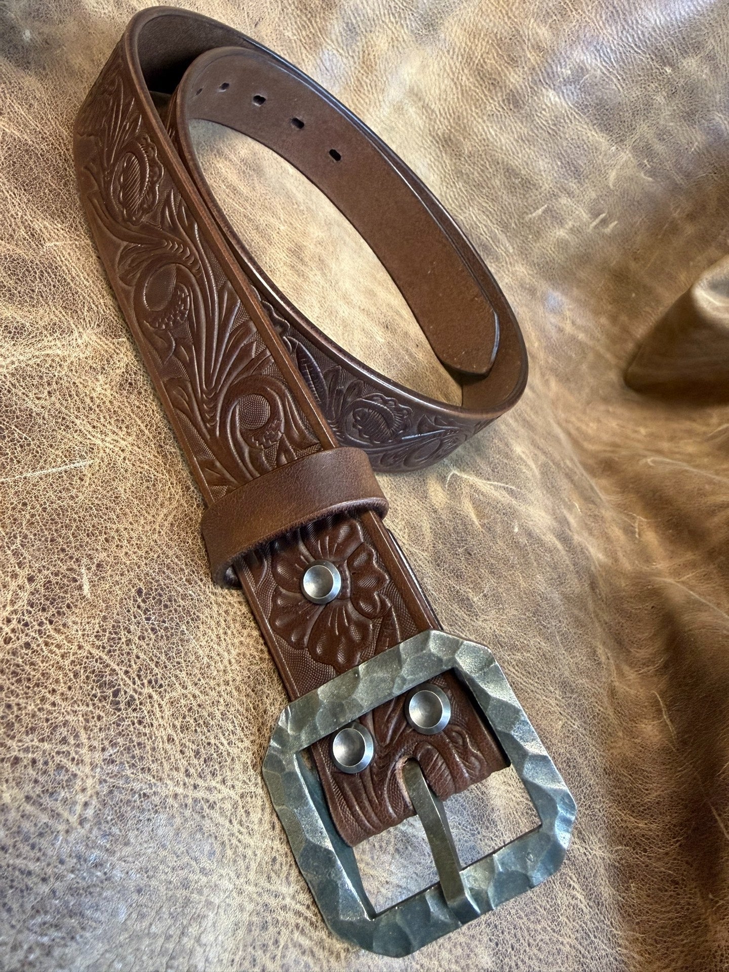 Meian's custom-made brown carved handmade belt