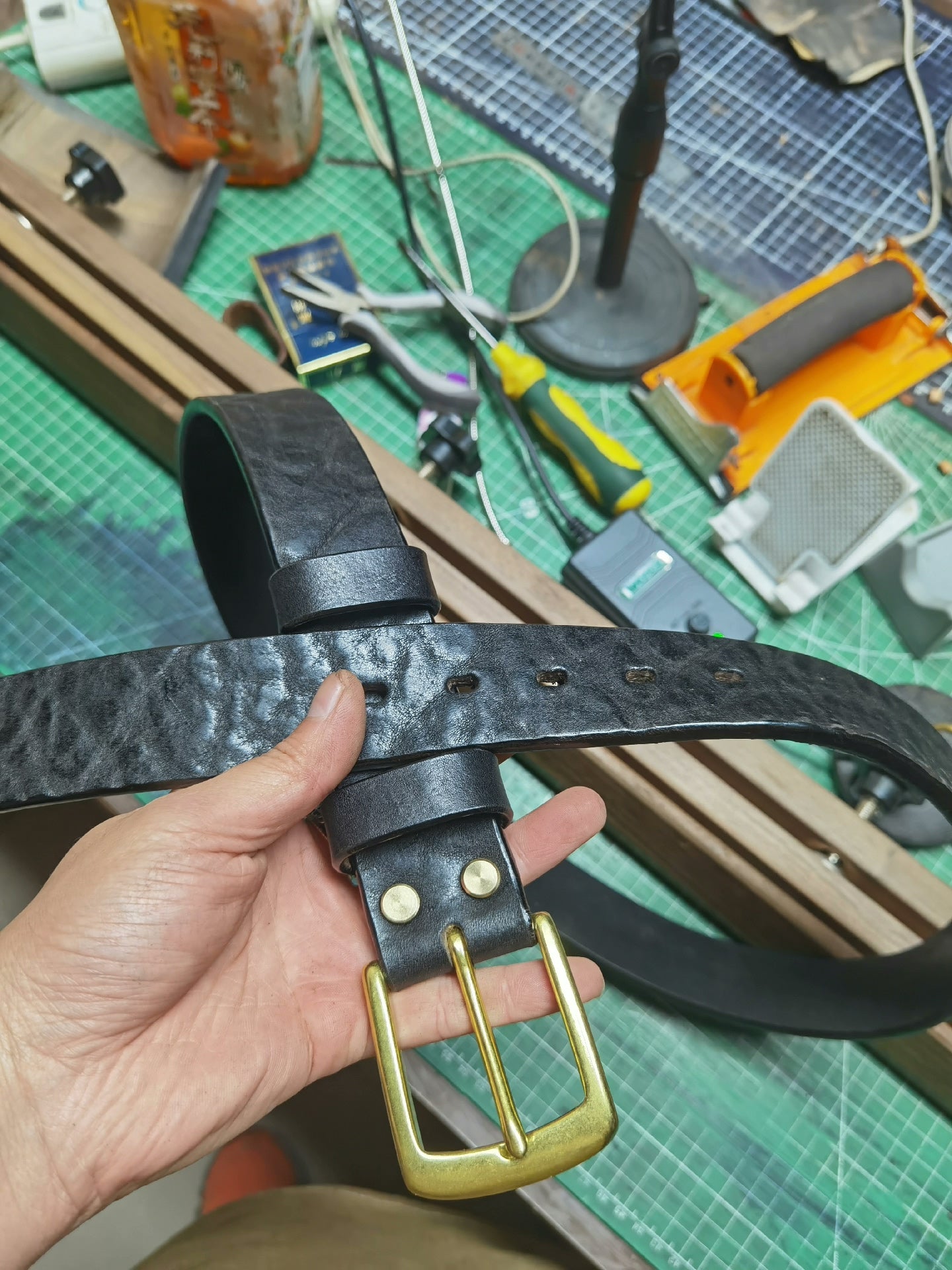 Black dyed bison leather handmade belt imported from North America
