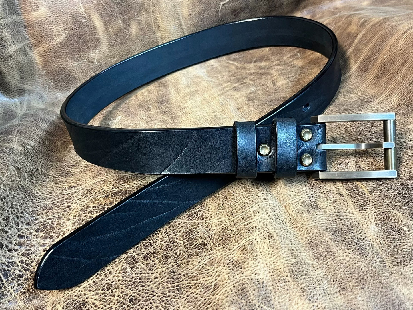Tiger handmade black bison leather belt with brass wire cut buckle