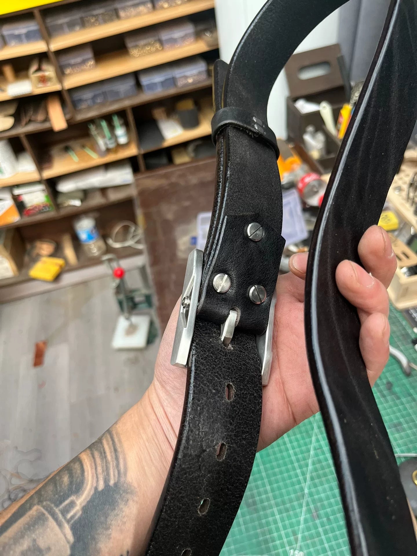 Black dyed bison leather handmade belt imported from North America