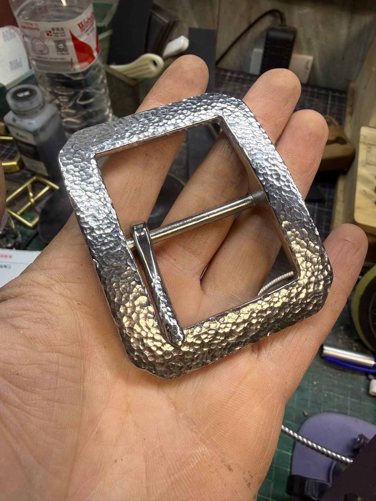 Larger and wider stainless steel hand-hammered belt buckle